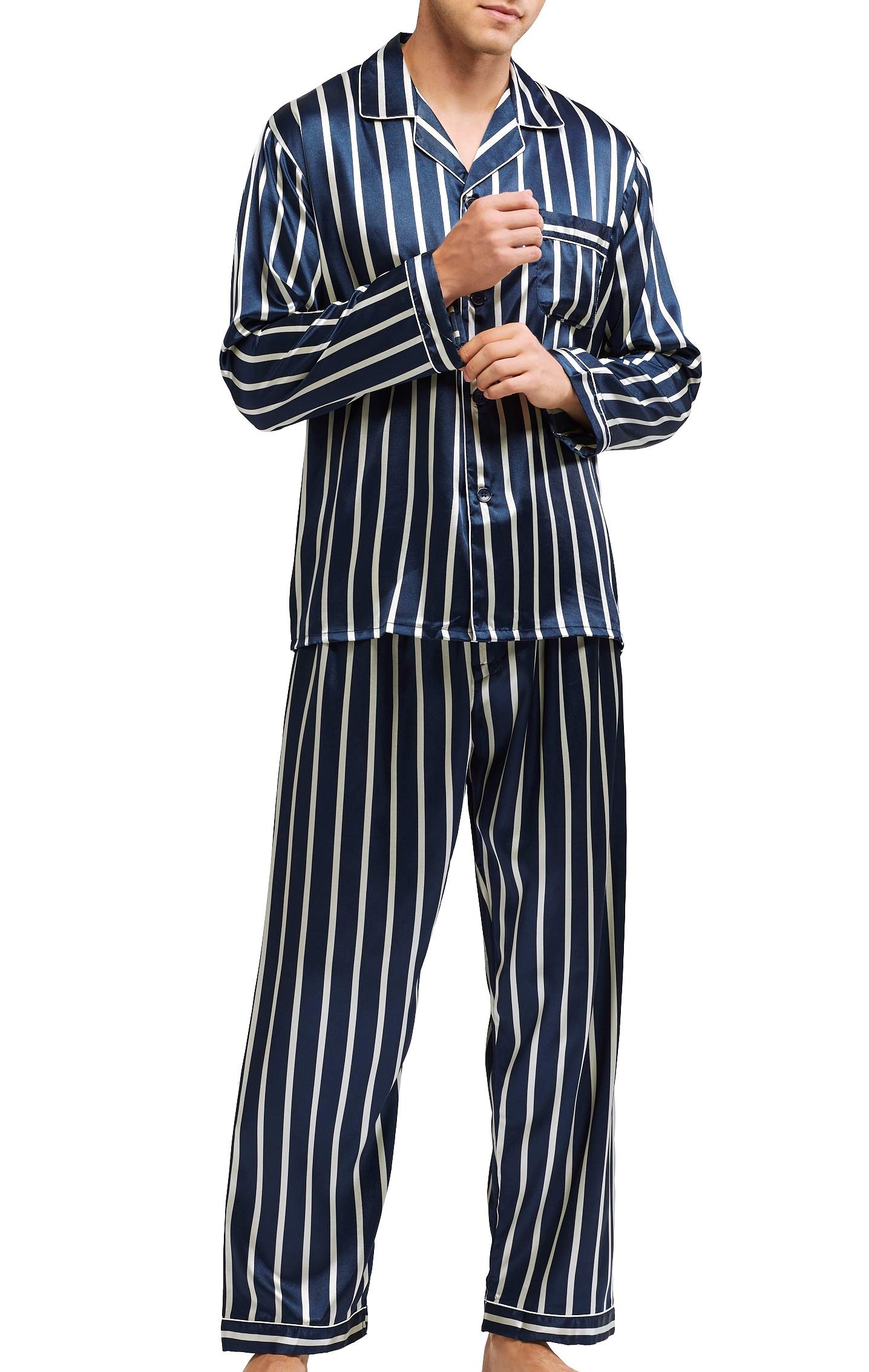 Sanraflic Men’s Sleepwear Satin Pyjama Set Nightwear Loungewear (Blue and Beige Striped, XX-Large)