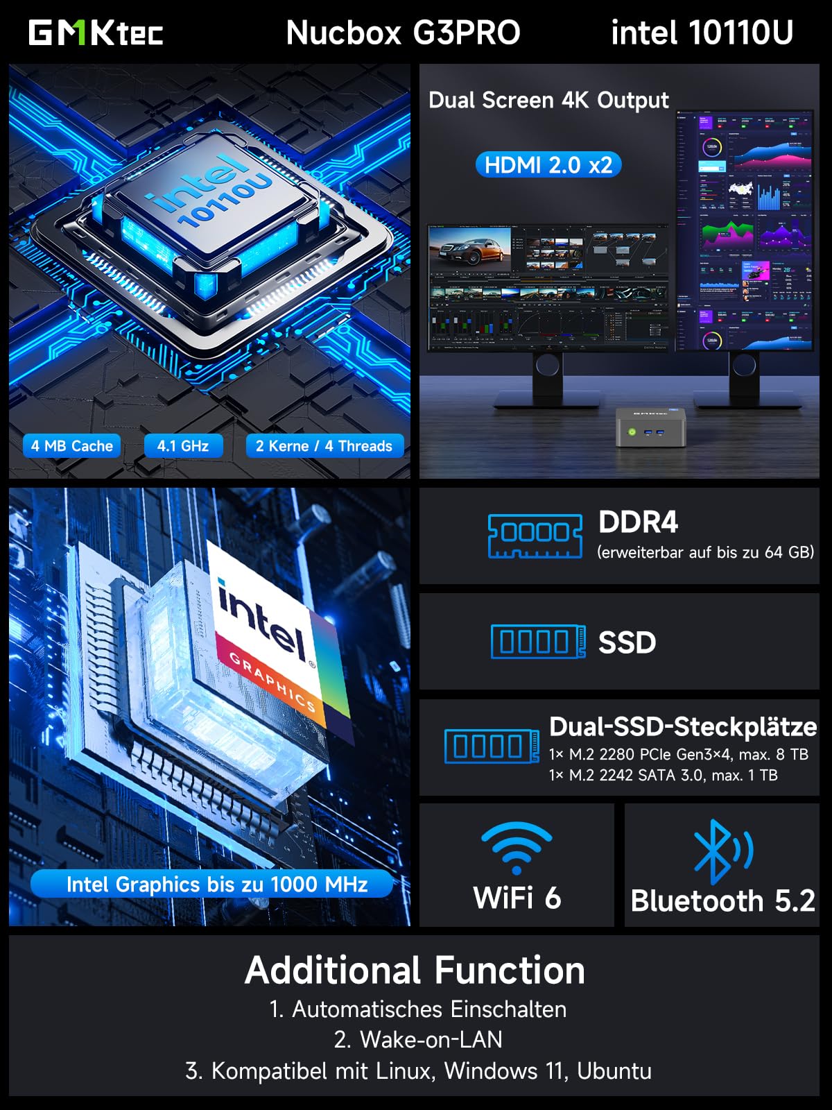 GMKtec G3 Pro Mini PC, 16 GB RAM 256 GB SSD M.2 Intel i3-10110U 4,1 GHz Mini Desktop-PC mit VESA-Unterstützung für Büro, Haus, Unternehmen, HTPC, Proxmox, Dual Display 4K, WiFi 6
