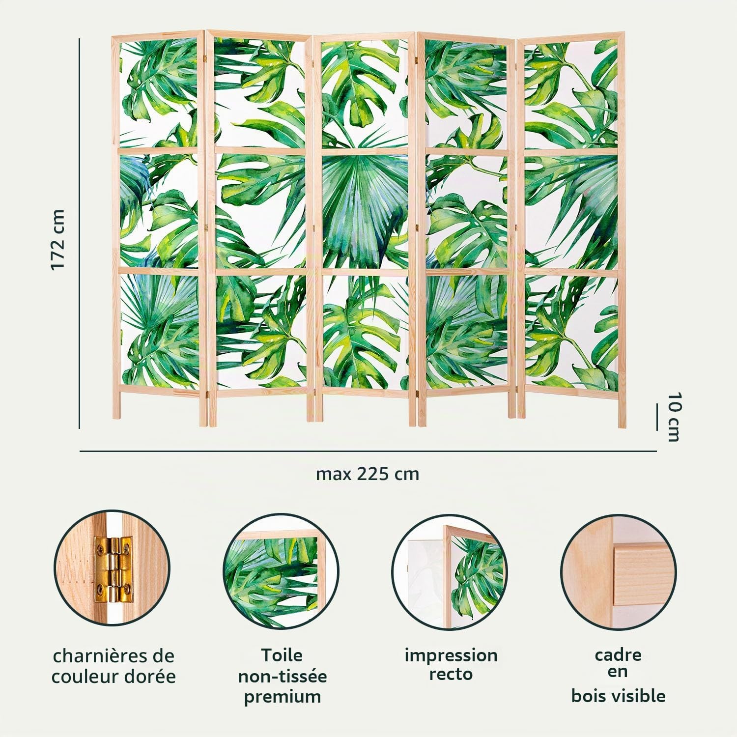 murando - Paravent Japonais Décoratif Intérieur, Feuillage, 225x172 cm | 5 Panneaux, Toile Imprimée, Séparation de Pièce, Impression sur une Seule Face, Pliable, Cadre en Bois, Moderne pour Salon
