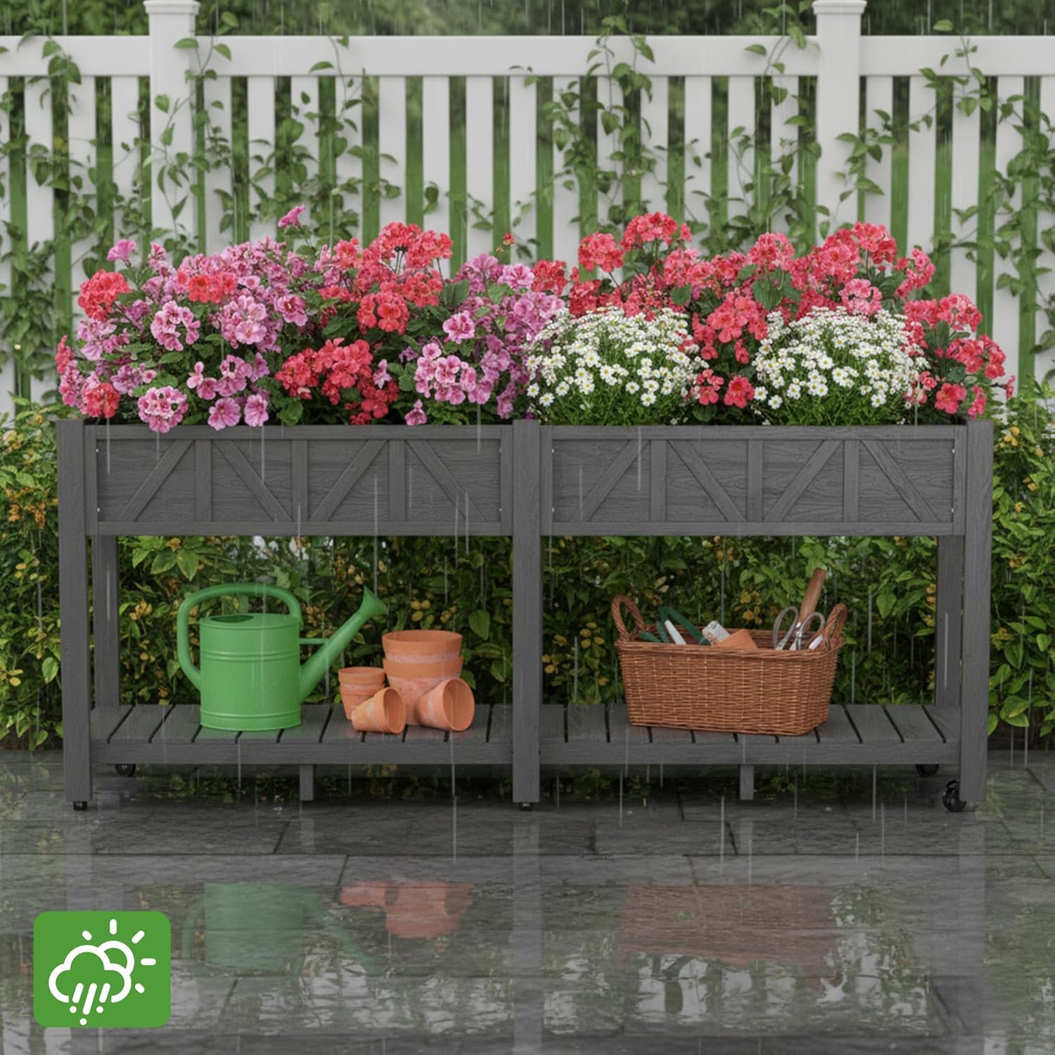 Orto Alto 183x44x73cm, Fioriera Esterna Elevata con Ripiano, Resistente alle Intemperie, 6 Ganci e 2 Fodere Non Tessute