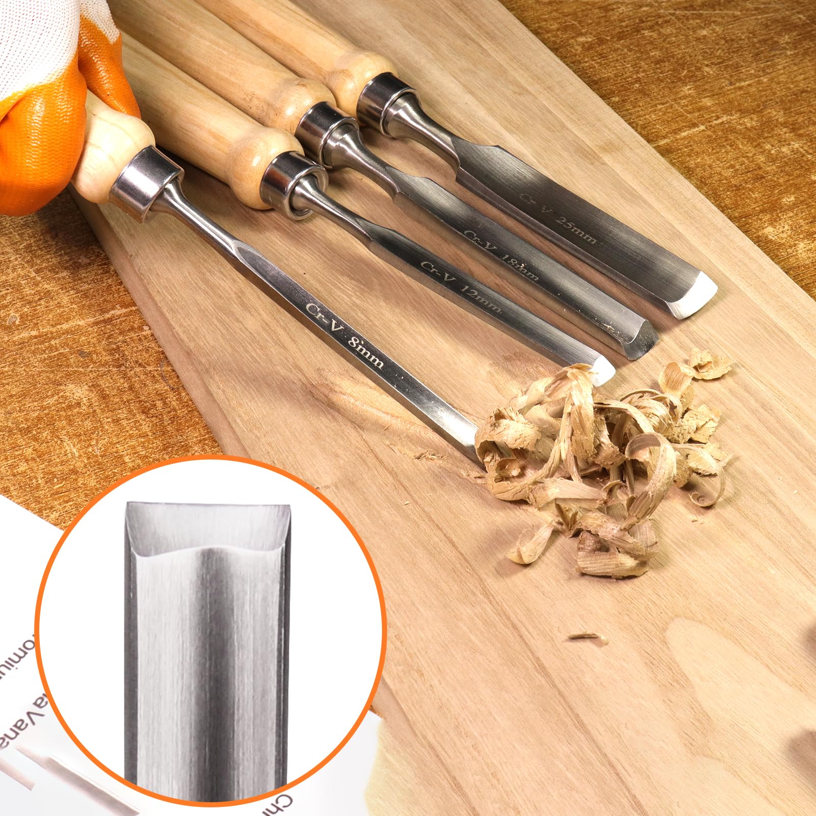 ATOPLEE Lot de 4 ciseaux à bois demi-cercle à bord intérieur en acier au chrome vanadium 8 mm, 12 mm, 18 mm, 25 mm pour bricolage, menuisier, bricoleurs débutants