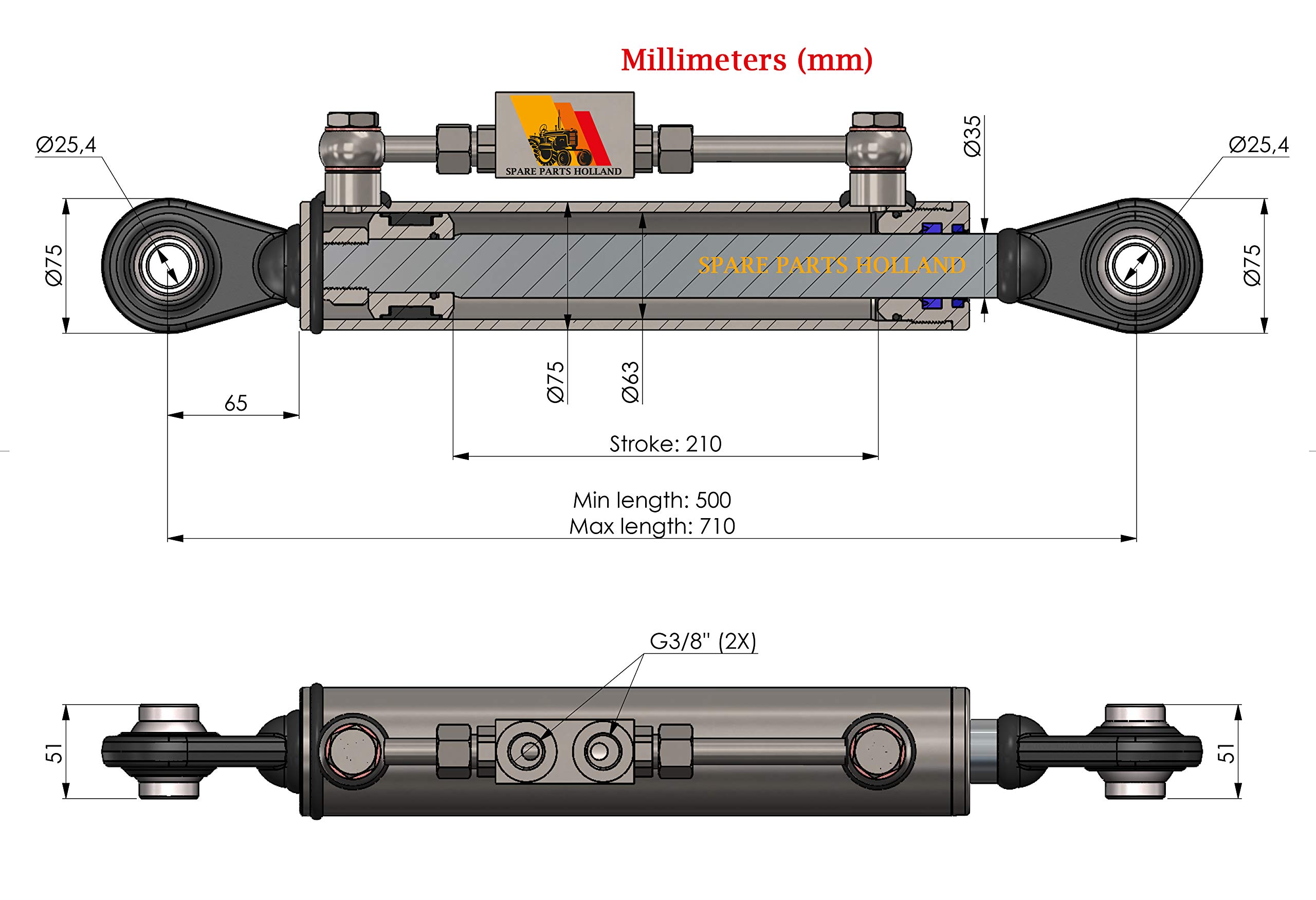 Tercer Punto Hidráulico Cat 2 (500-710 mm) con Bloque de Bloqueo y 2 Mangueras