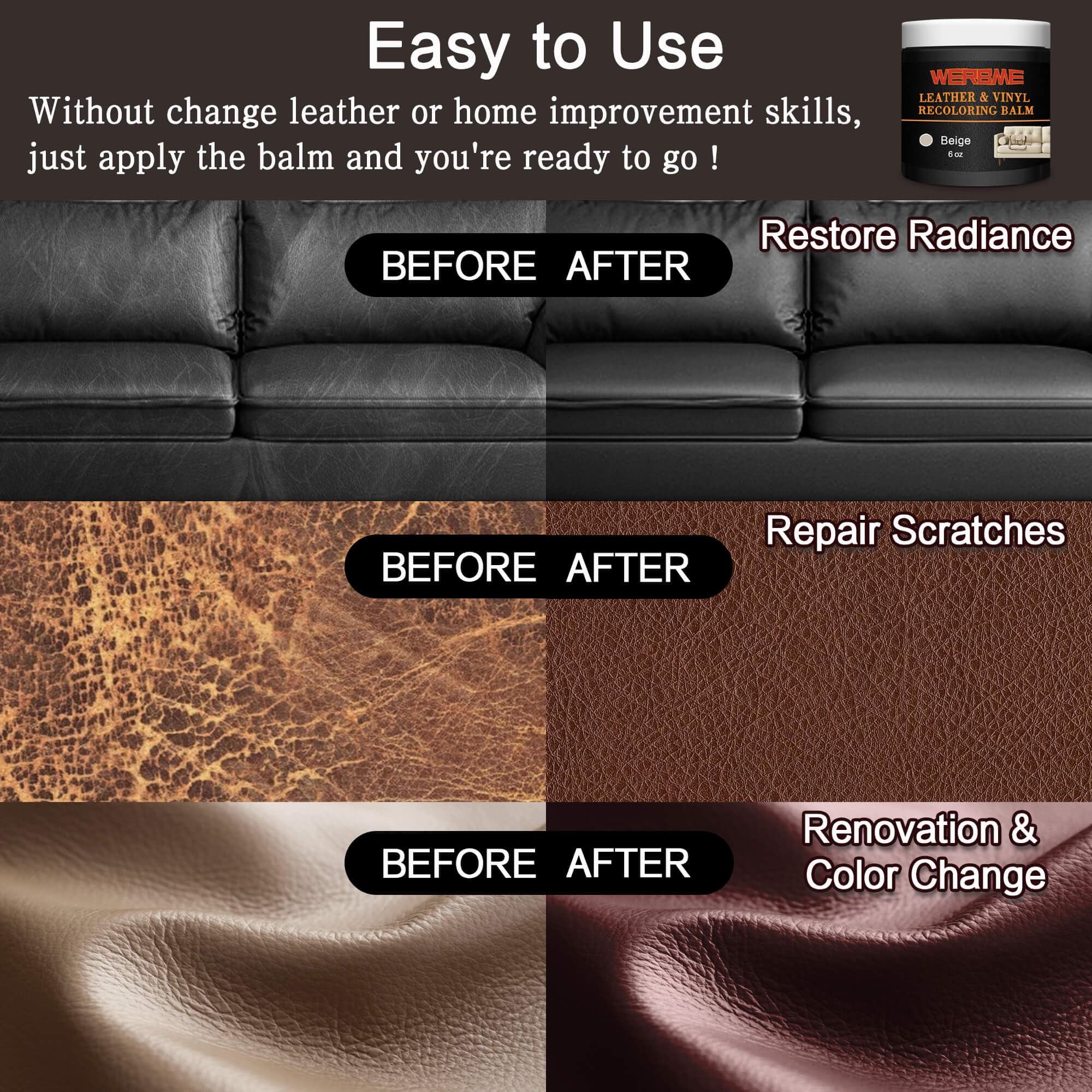 Bálsamo de recoloración de cuero, restaurador de color beige de 6 onzas para arañazos y decoloración, kit de reparación de cuero para restaurar y renovar muebles, asientos de coche
