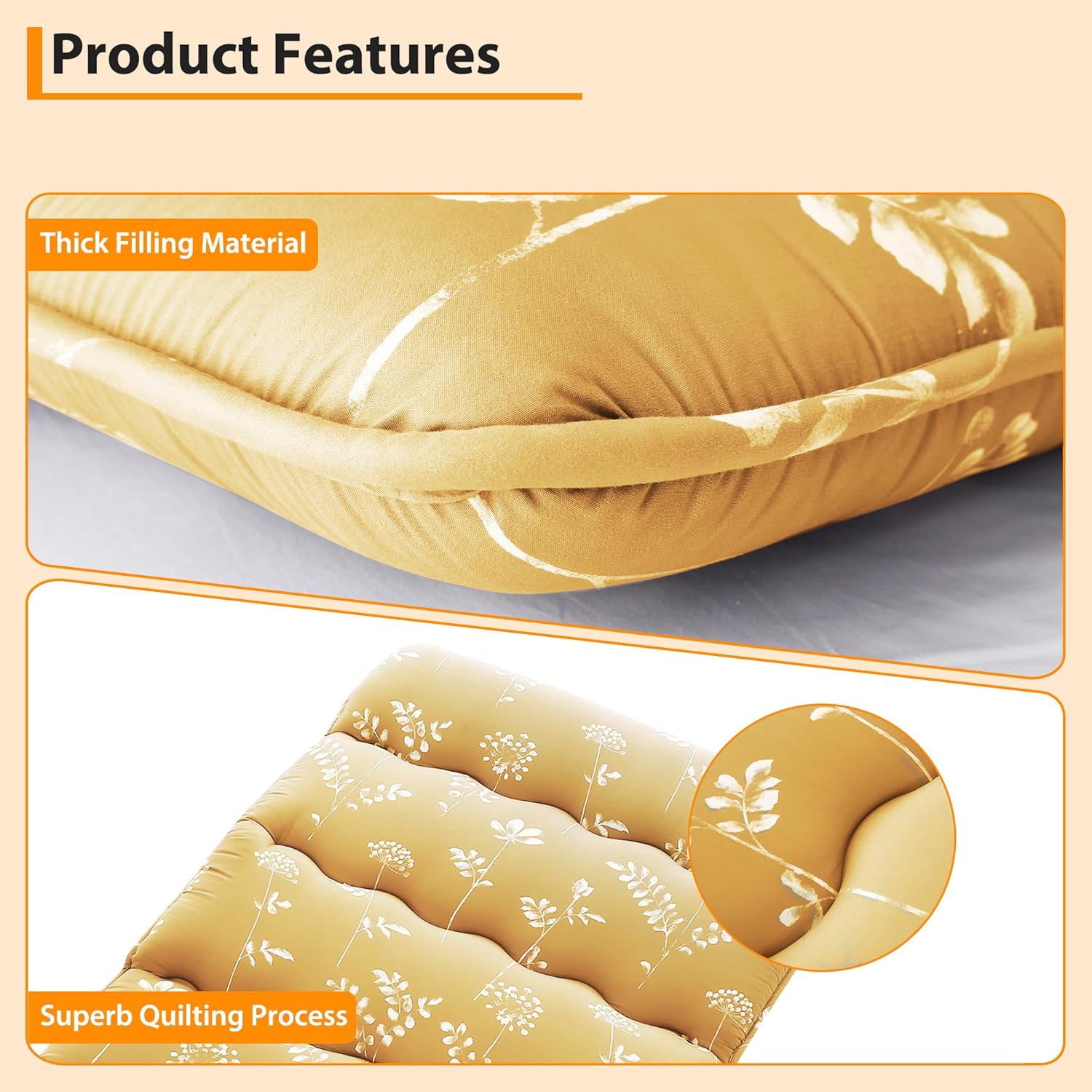 Japanese Floor Mattress, Foldable Thick Futon Mattress, Roll Up Tatami Mat, Portable Camping Sleeping Mat, Floor Lounger Bed for Guest Room, Dormitory, Twin Size, Lemon Yellow Floral