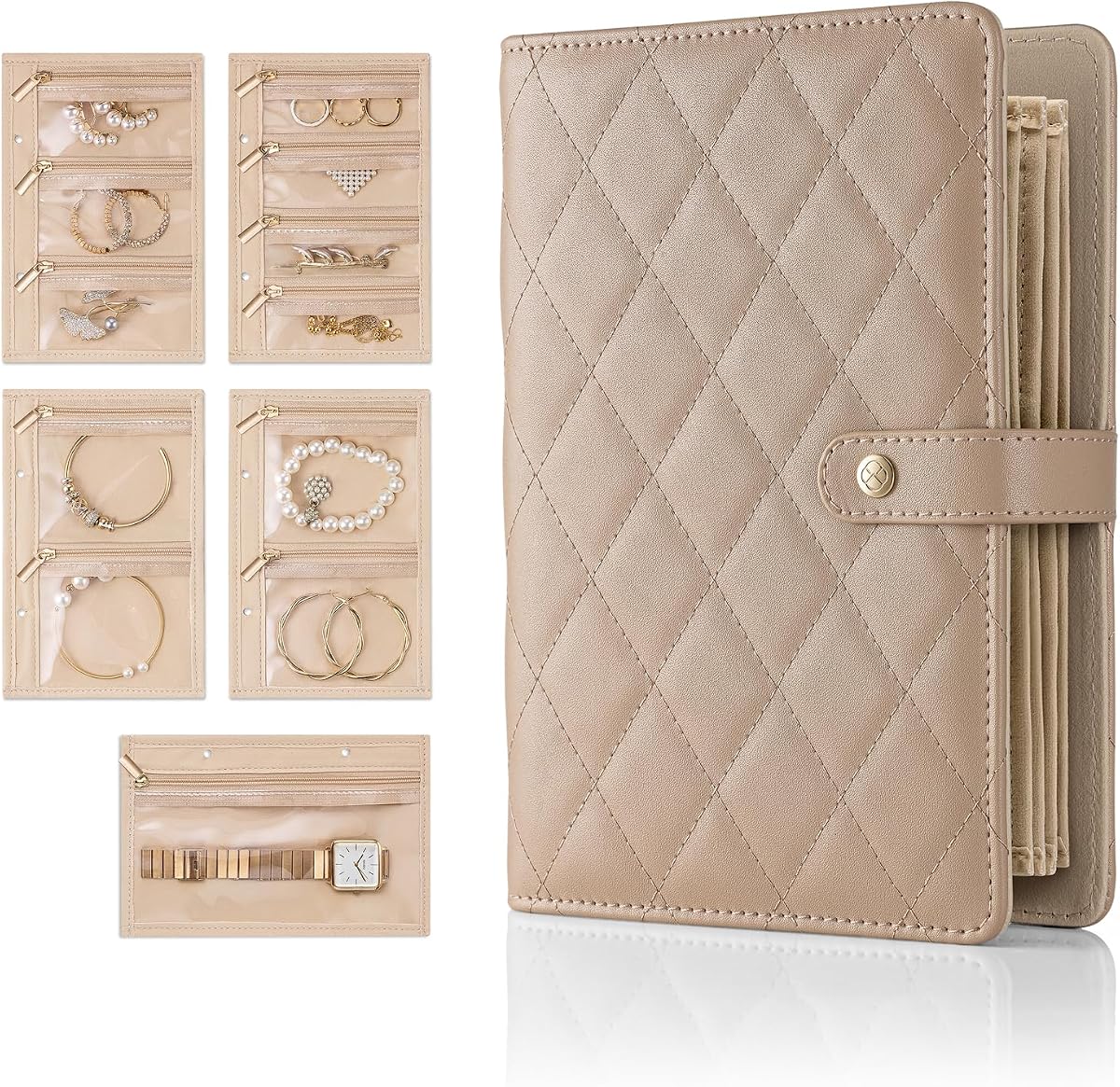 Organizador de libros de joyería VLANDO - Estuche de joyería de viaje de cuero con 5 páginas desmontables para collares, anillos, pendientes, sin enredos, para regalar, latte