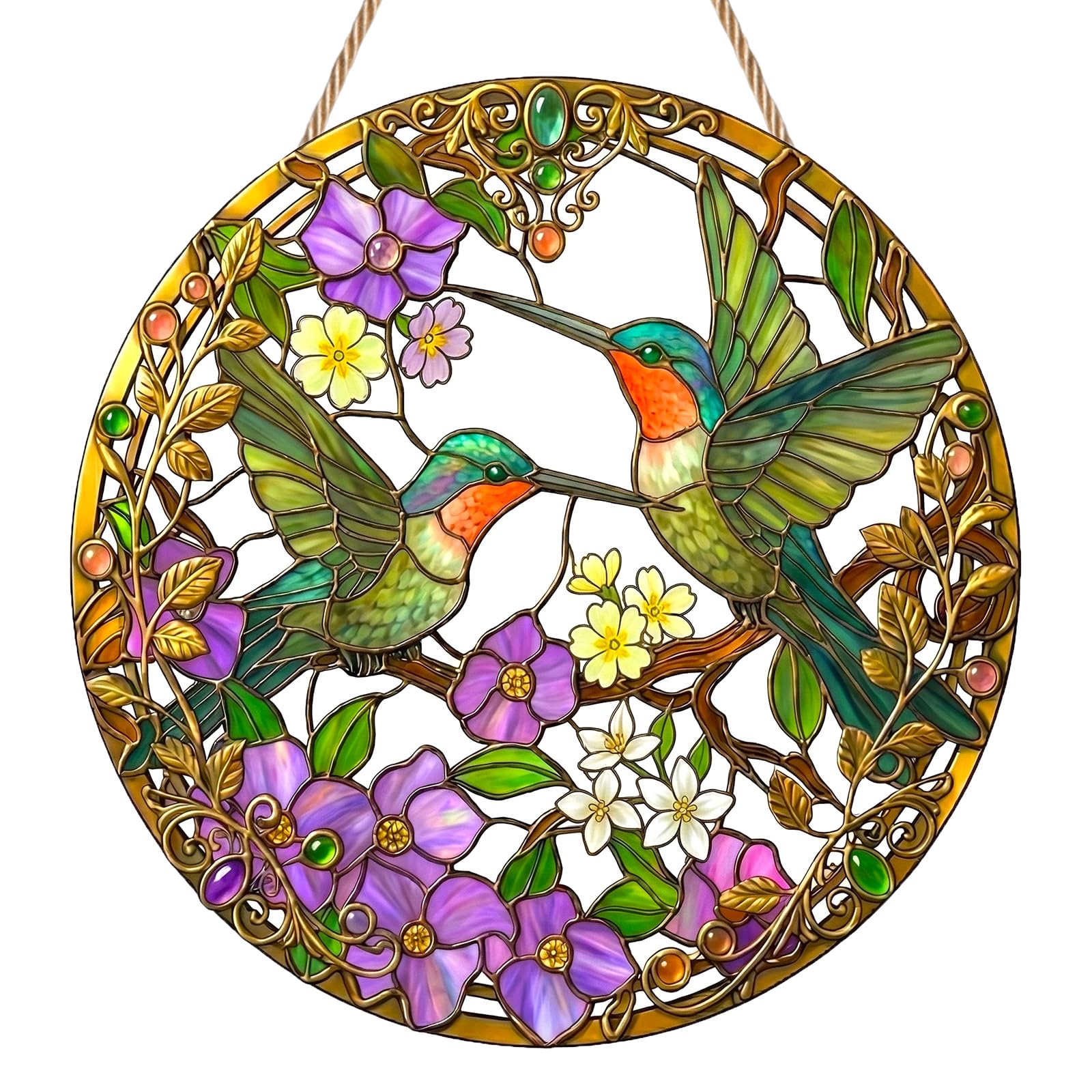 Bird & Flowers Sun Catchers for Windows, Hummingbird Floral Stained Glass Suncatchers for Windows, Colorful Acrylic Window Hanging for Home Decor, Garden Ornament Outdoor