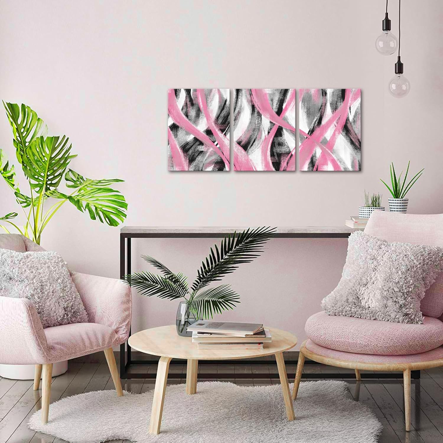 Visual Art Decor Pink Wall Decor Abstract Geometric Pictures Pink Artwork Bathroom Bedroom Wall Decor Framed 12x16inchx3Pieces
