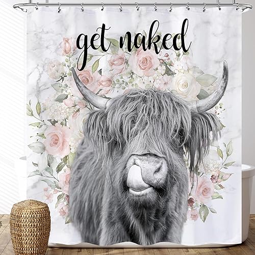 Miniatura 2 de Opeoddie Funny Highland - Cortina de ducha de 72 x 72 pulgadas, moderna cortina de baño con diseño de vaca y toro, diseño de granja, rosa, gris,