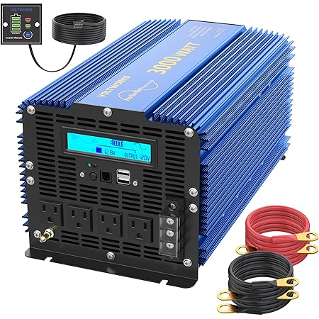 3000 Watt Pure Sine Wave Power Inverter 3000w 12V DC to 110V 120V AC with Remote Controller & LCD Display 4 AC Outlets Dual 2.4A USB Ports and 1 AC Terminal Block by VOLTWORKS
