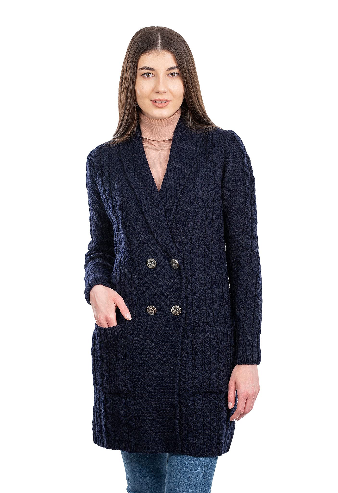 SAOL Chaqueta tipo cárdigan 100 % de lana merino irlandesa con bolsillos para mujer