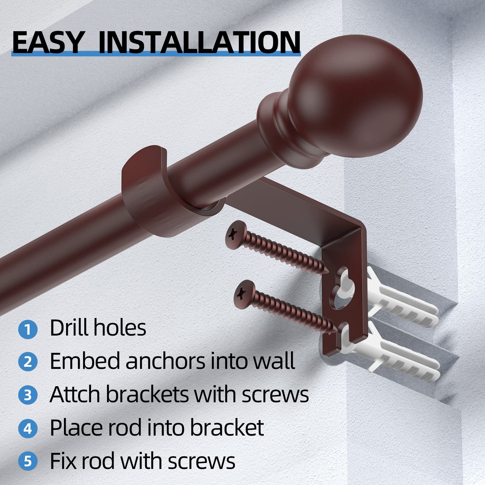 CorkLatta Curtain Rods for windows,5/8 inch Diameter Bronze Metal Single Adjustable Curtain Rod 30 to 48" With Brackets