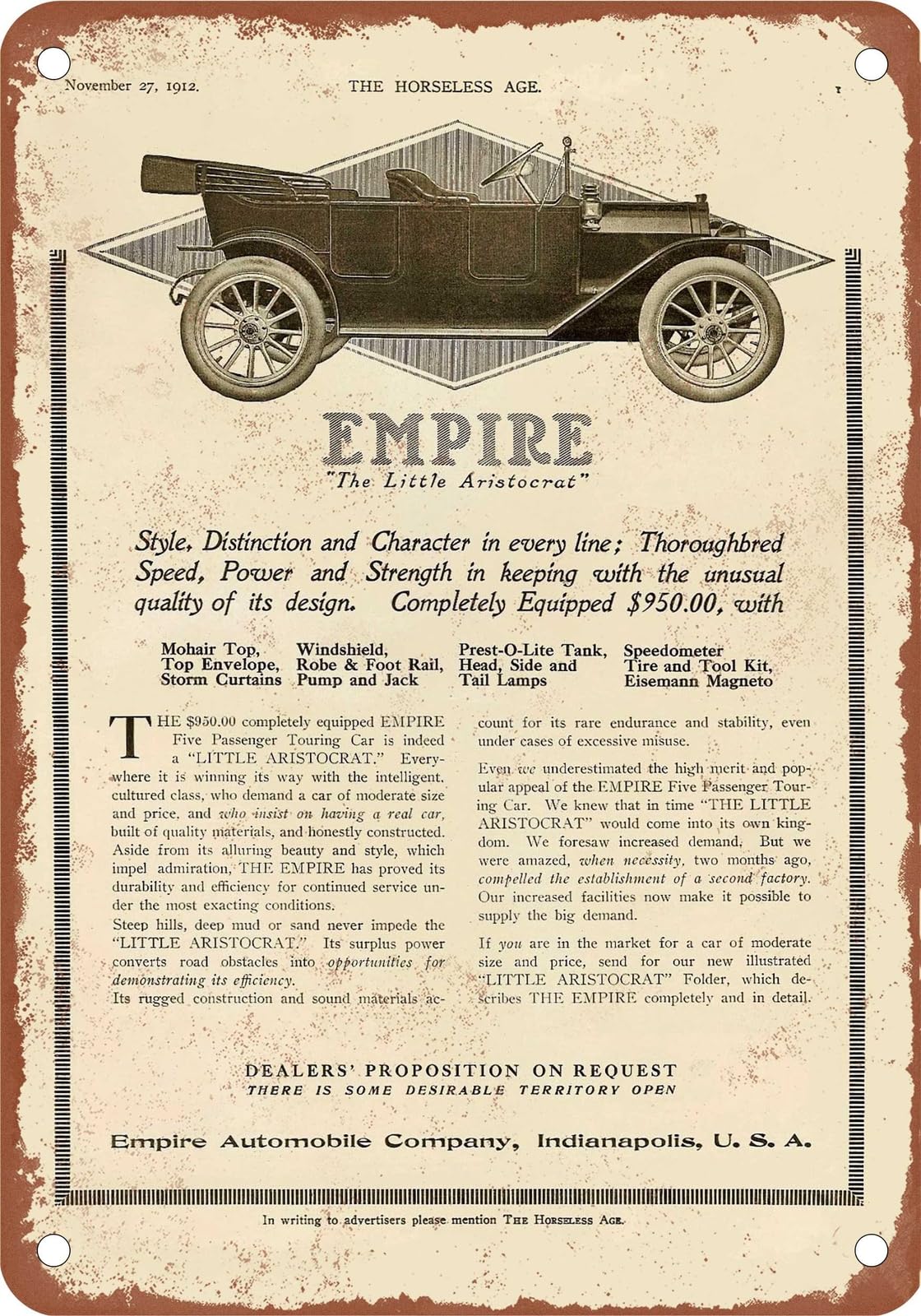 METAL SIGN - 1913 Empire Vintage Ad 01 - Old Retro Rusty Look home decor