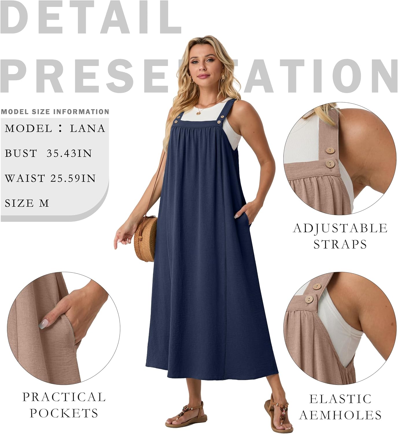 Lepunuo Summer Dresses for Women 2026 Casual Boho Overall Dress Adjustable Cover up with Pockets - Image 4