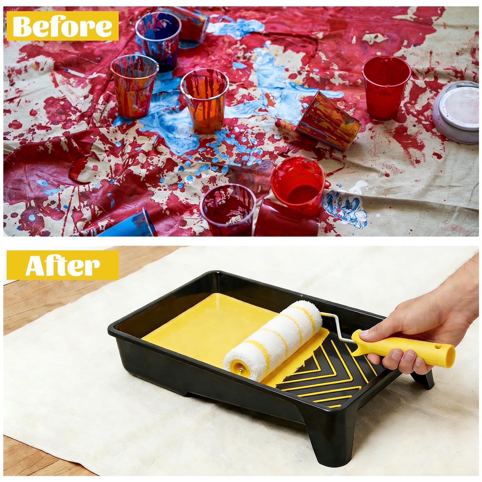 APACALI Lot de 18 rouleaux de peinture et plateaux avec manche d'extension, pinceaux et rouleaux pour peindre les murs, plafonds, portes, jaune