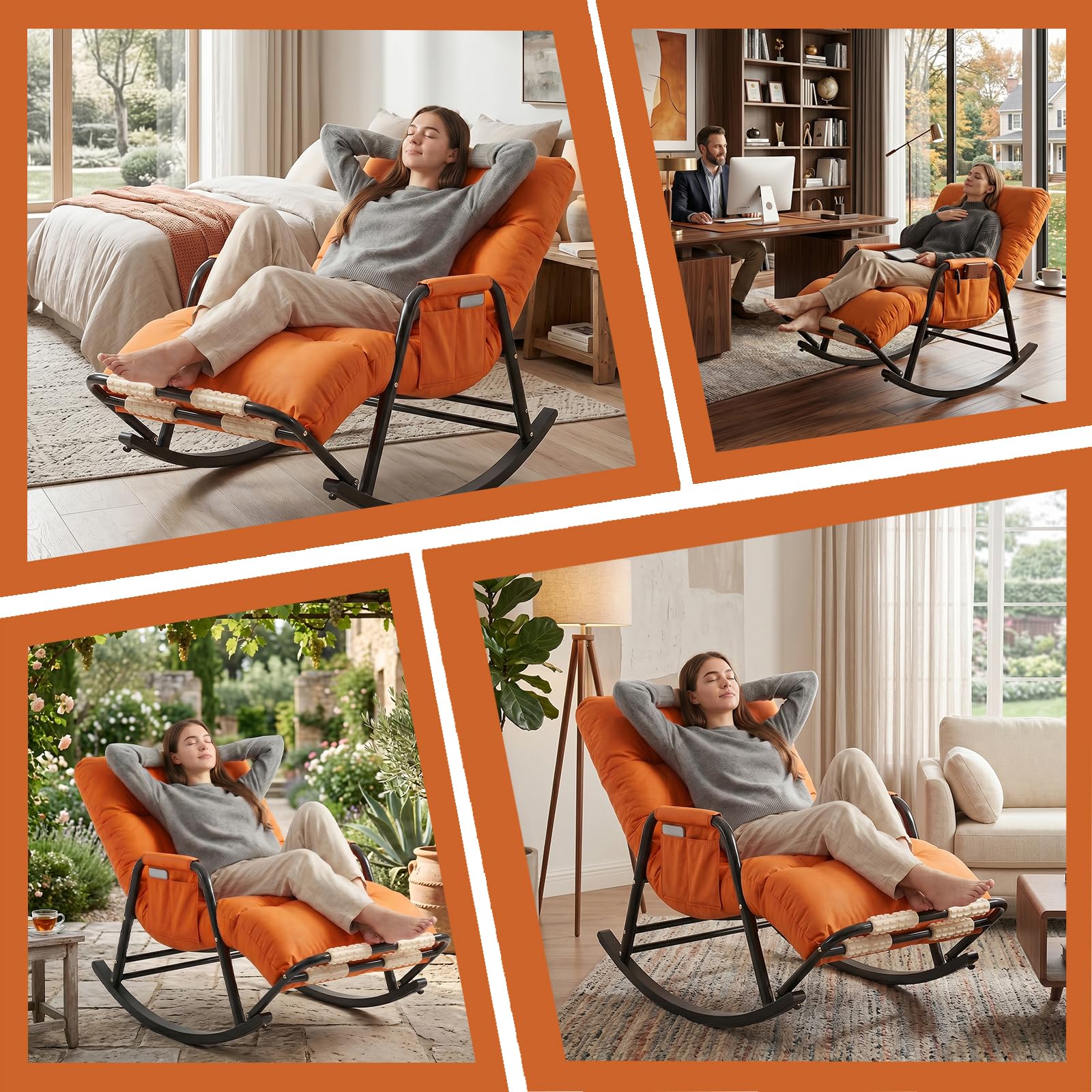 Fauteuil à Bascule Ergonomique, Rocking Chair Allaitement Silencieux avec Dossier et Repose-Jambes Réglables (5 Positions) et Repose-Pieds Massant, Chaise Relax en Cuir Anti-rayures, 150kg (Orange)