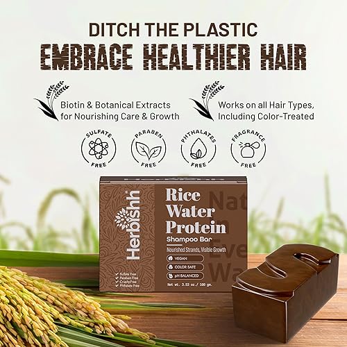 Miniatura 3 de Herbishh Barra de champú de agua de arroz para el crecimiento del cabello, fortalecimiento y nutrición, jabón sólido para adelgazar el cabello, Paq
