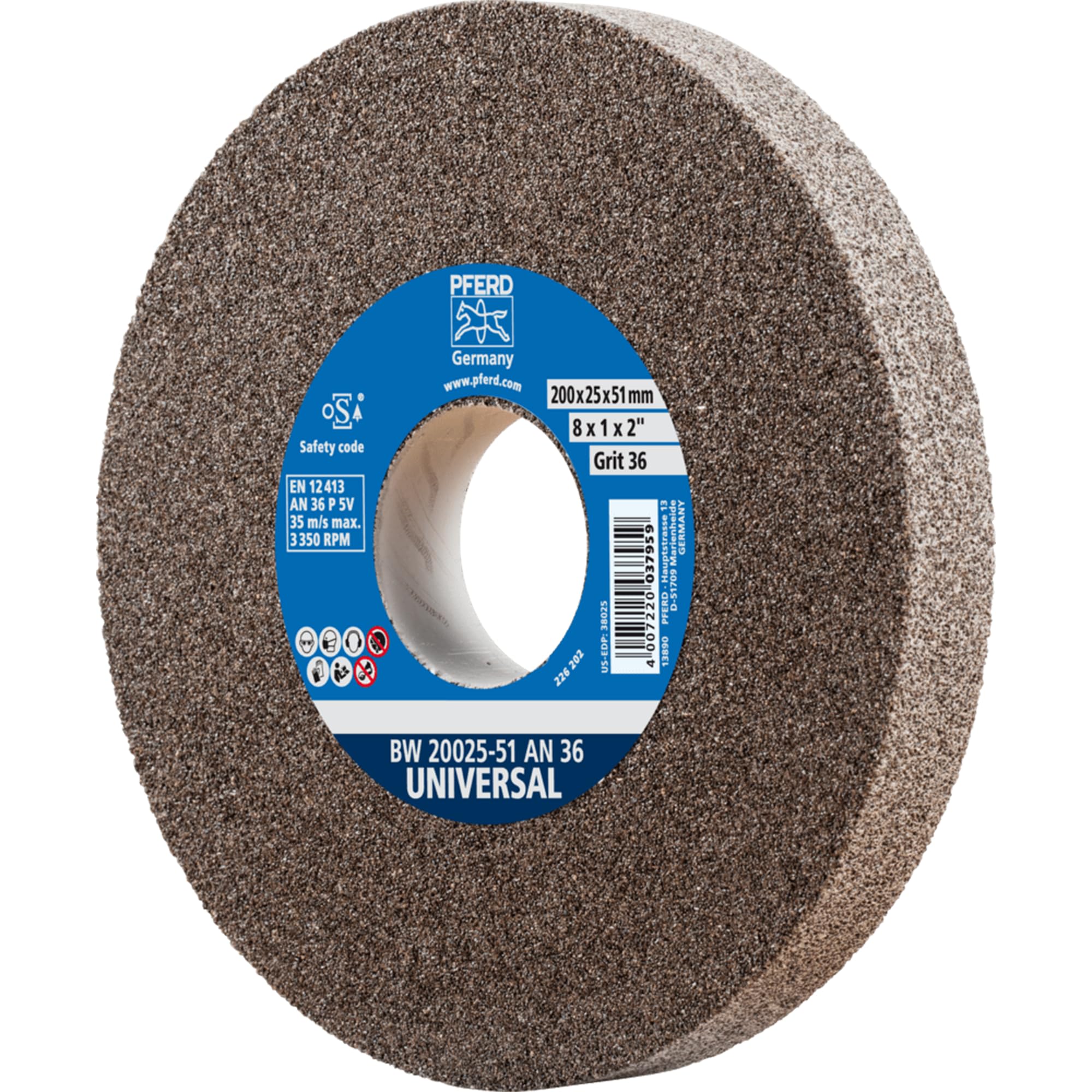 PFERD TOOLS Schleifbockscheibe UNIVERSAL, 200x25x51mm, A36, 39009712 – Harte Schleifscheibe für universelle Schleifaufgaben, mit Reduzierhülse (32mm)