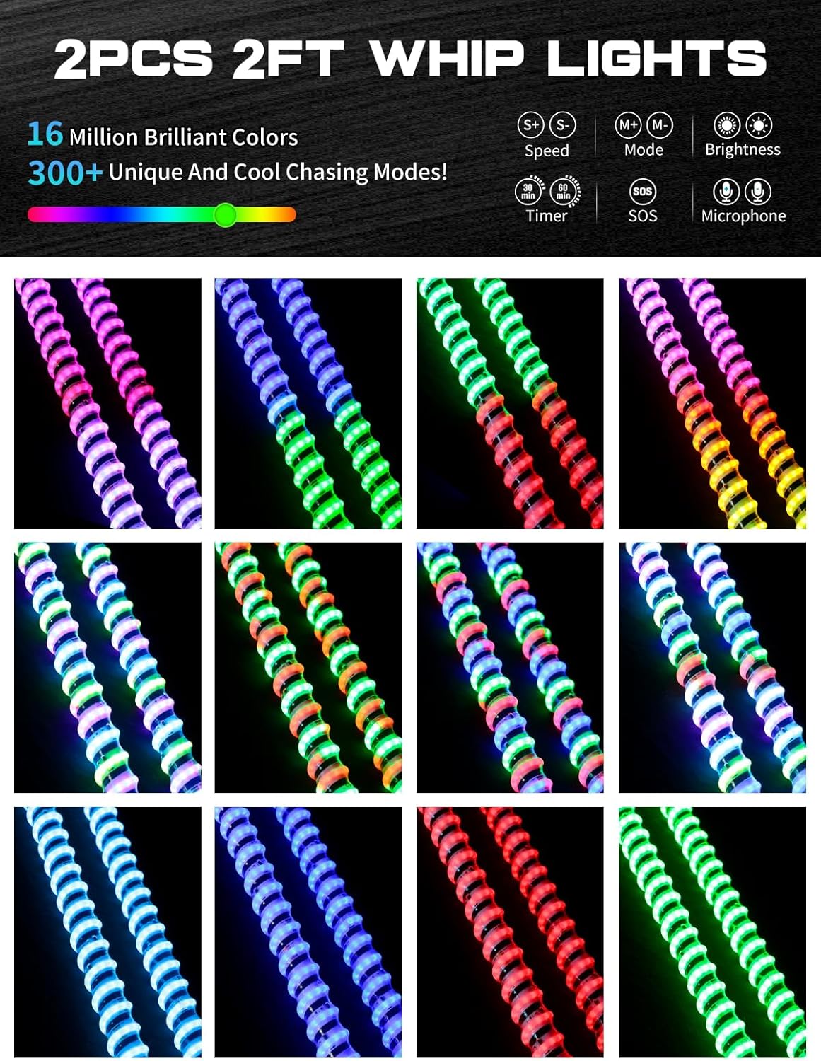 2pc 2FT COB Whip Lights with App & Remote Control Compatible with Polaris RZR Can-Am Maverick X3, Spiral RGB Chasing LED Whip Lights with Rocker Switch for Side by Side, SXS UTV ATV Boat