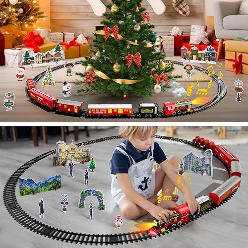 Miniatura 5 de Tren ElectricTrain Set con motor de locomotora clásico retro, coche de carga y pista larga para niños pequeños de 3 a 5 años, juguetes de tren de