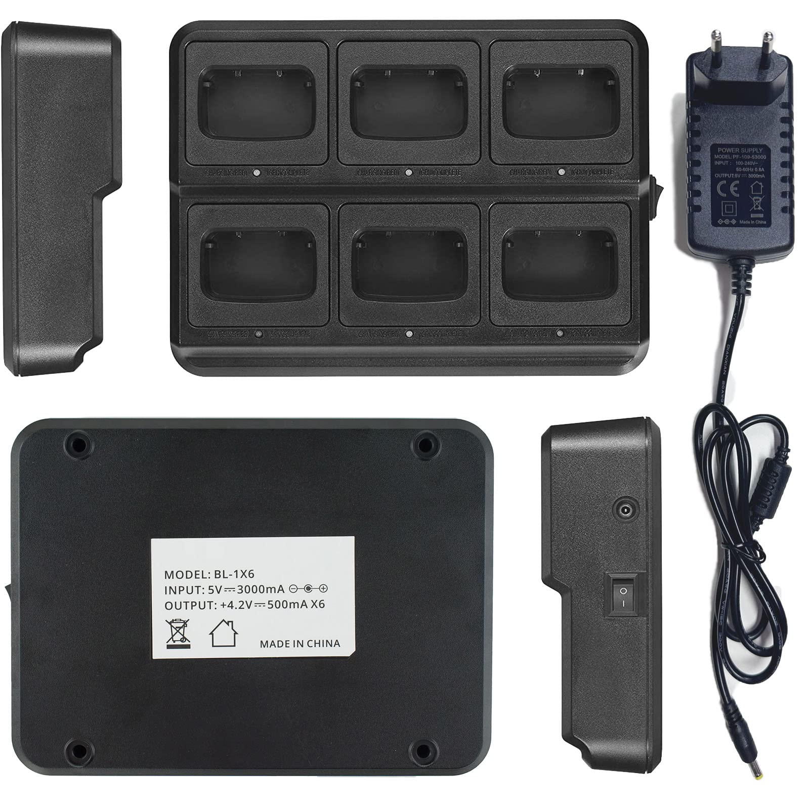 Walkie Talkies PMR446 Funkgeräte Set, pofung PT88E Lizenzfrei Funkgerät 6er | 16 Kanäle Handfunkgerät Eingebauter LED Taschenlampe Walki Talki Wiederaufladbare 6-Wege-Ladegerät Base Headset Lager Schwarz