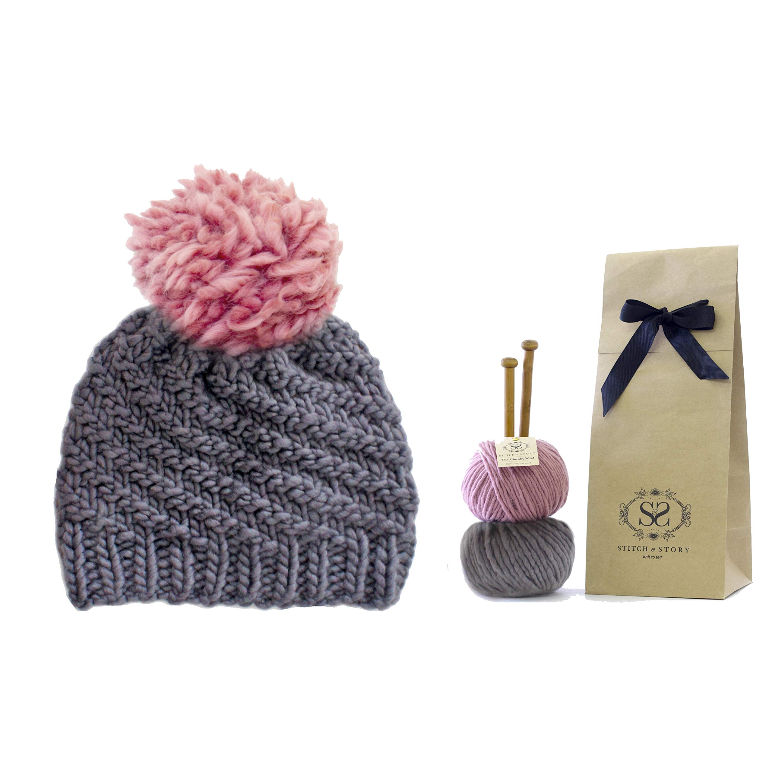 Stitch & Story Luca Pom Hat Beginner Knitting Kit, Fossil Grey with Dust Pink Pom
