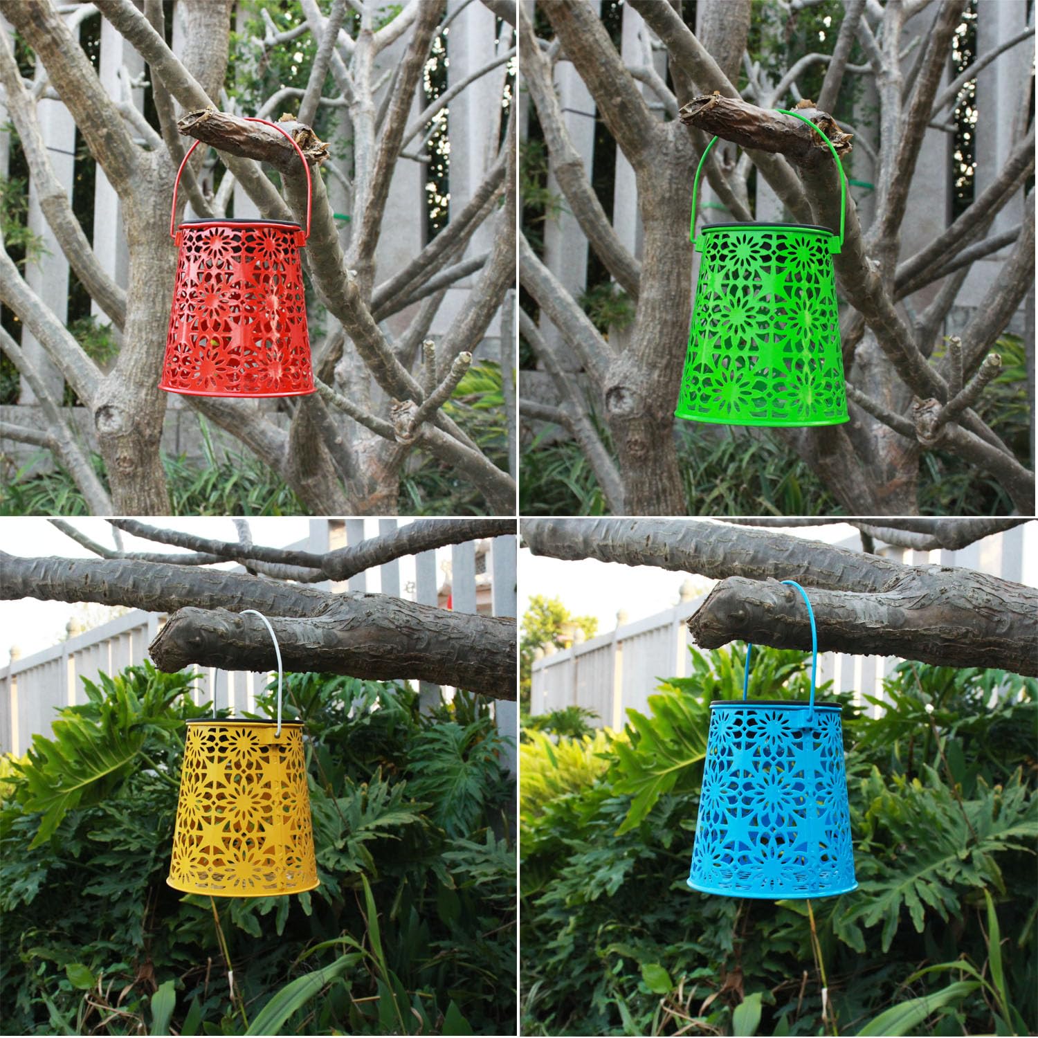 Lot de 4 lanternes solaires d'extérieur étanches à suspendre - Cadeau pour femme - Petites lanternes LED décoratives en métal pour cour, terrasse, pelouse, table, allée, paysage, décoration de jardin