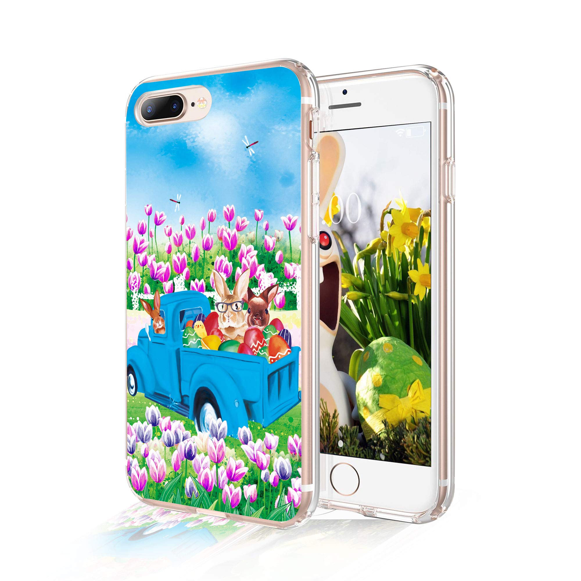 Cocomong Flowers Easter Bunny Phone Case Compatible with iPhone 7 Plus Case Easter iPhone 8 Plus Case for Women, Cute Easter Gifts for Girls, Protective Clear Thin Shockproof Slim Soft TPU Cover 5.5"