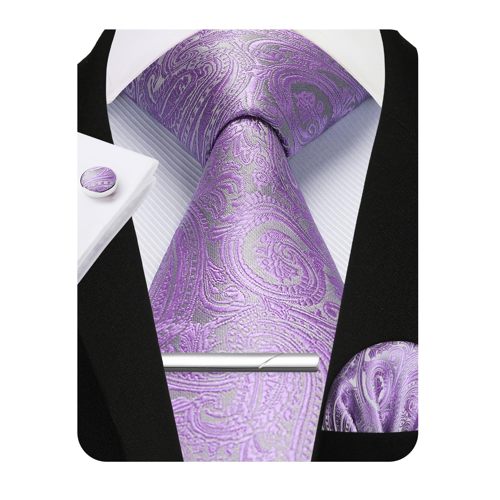 Enlision Ties for Men Paisley Plaid Necktie with Pocket Square Cufflinks Clip Set Formal Business Wedding Prom