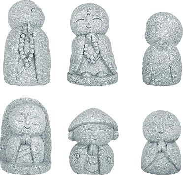 6-Piece Japanese-Style Jizo Mini Buddha Statue Set - Healing Zen Garden Decor & Cute Desk Accessories for Stress Relief - Waterproof Sandstone Figurines for Bonsai, Aquariums & Empathy Gifts