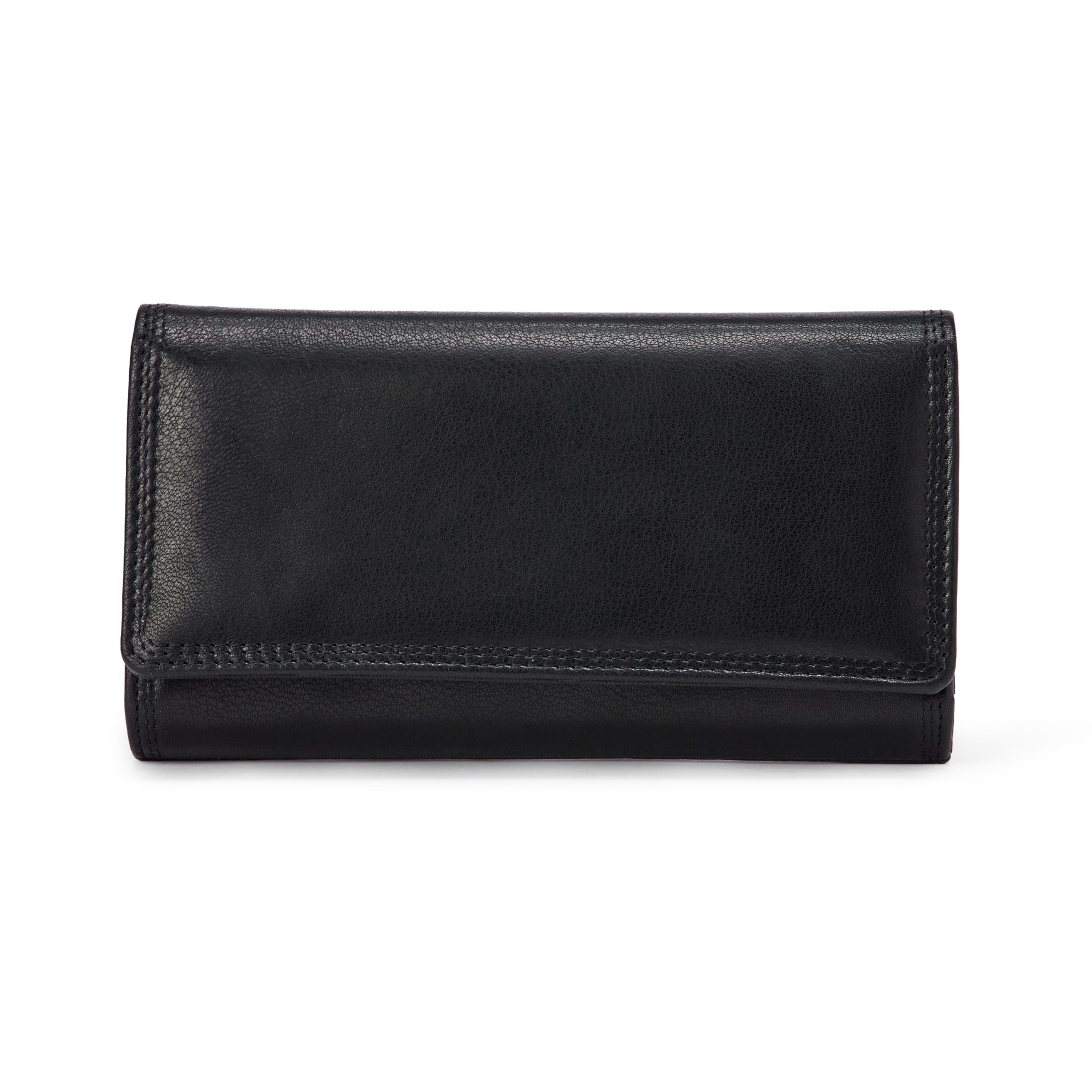 Amazon Essentials Women's Long Flap Continental Leather Wallet with Snap Closure, Black, One Size