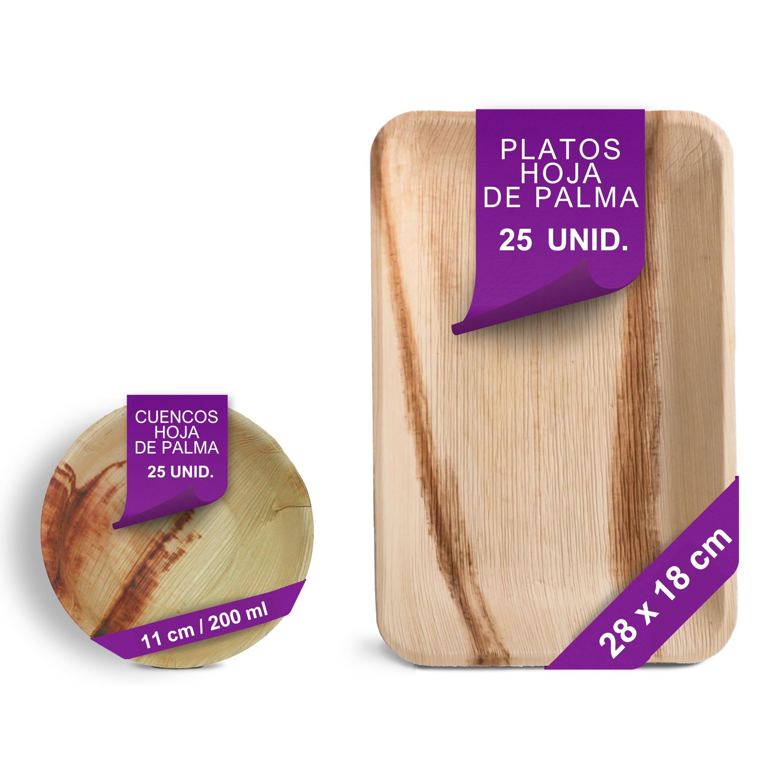 Vajilla Desechable de Hoja de Palma Orgánicos - 25 pz. Cunecos Ø 11 cm/ 200 ml y 25 Platos Rectangulares 28x18 cm