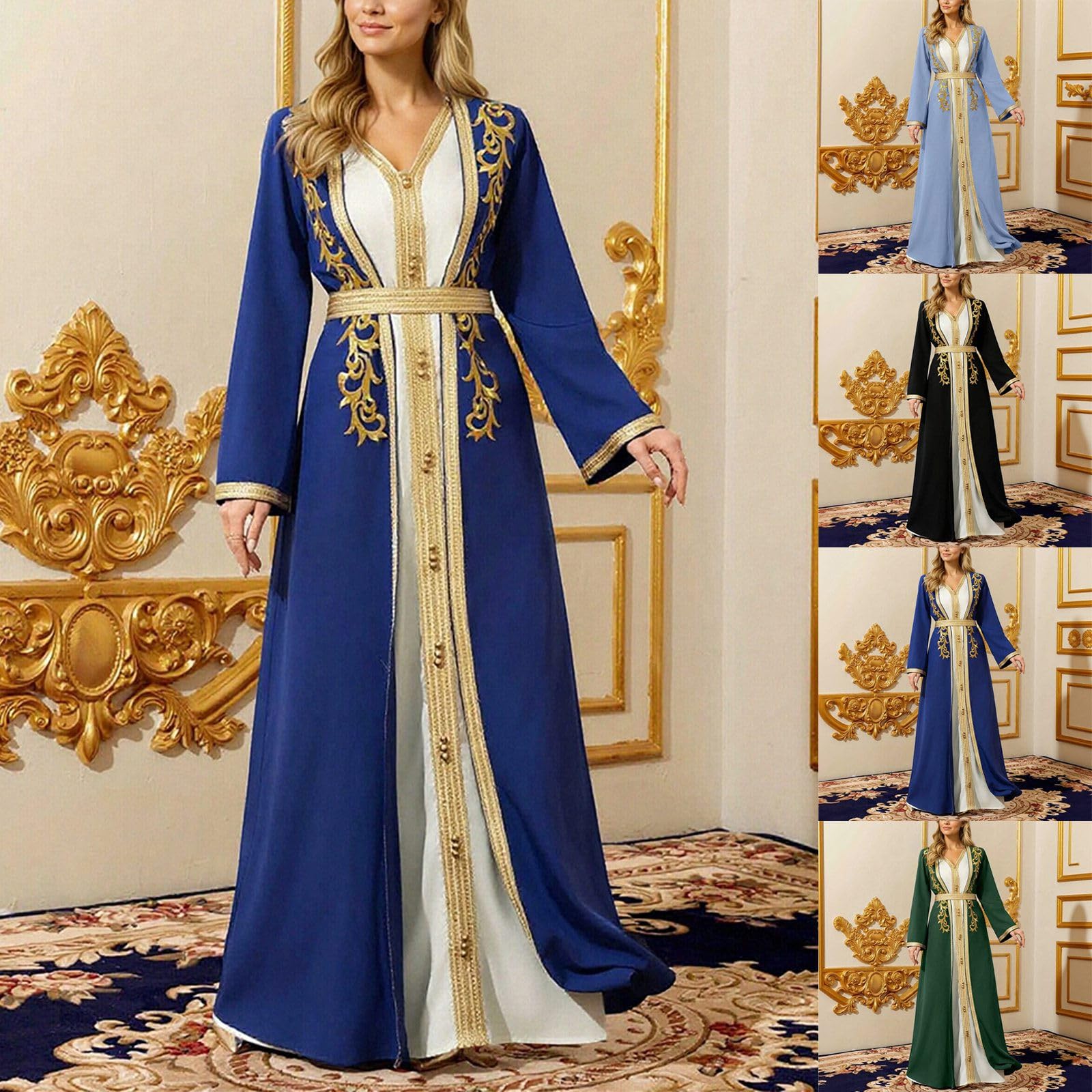 Abaya Mujer Elegante 2 Piezas Con Bordado Dorado Y Cinturón Árabe Musulmán Dubai Traje Islam Marruecos Vestido Ramadán Fiesta Boda Noche Marruecos Vestidos Marroquíes