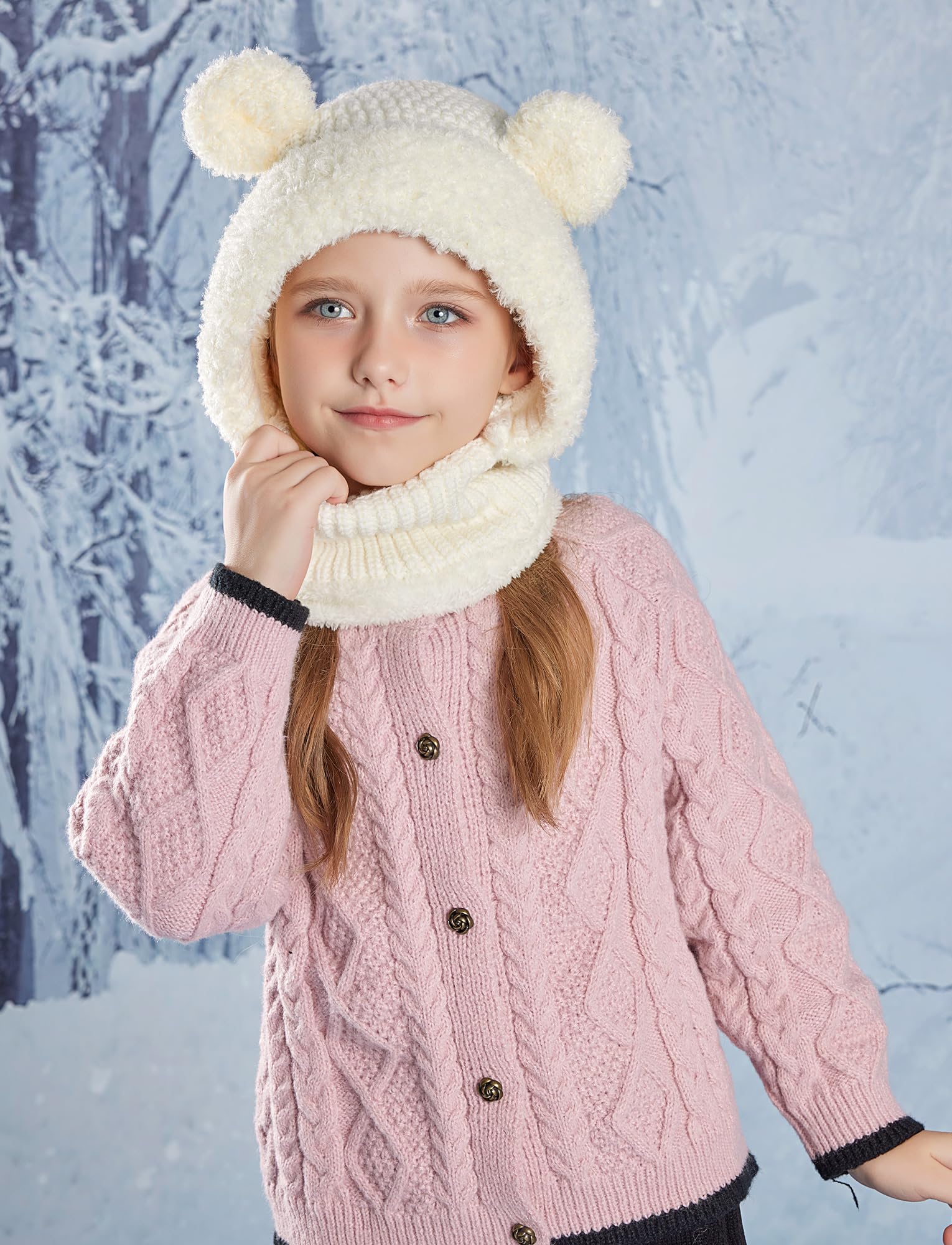 Maeau Berretto invernale per bambini e bambine, 4-10 anni, berretto invernale lavorato a maglia, in pile con 2 pompon 2 in 1, passamontagna e sciarpa ad anello, berretto a maglia