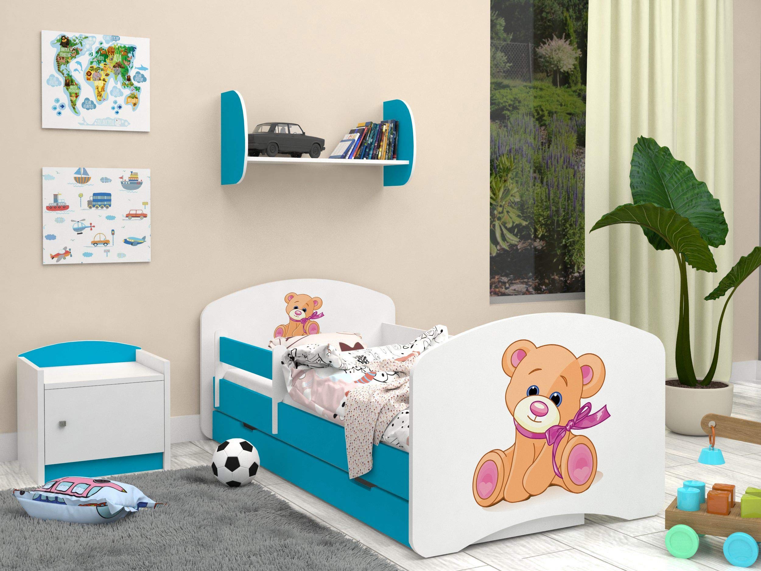 Happy Babies – dwustronne łóżko dziecięce z szufladą Nowoczesne wzornictwo z bezpiecznymi krawędziami i zabezpieczeniem przed upadkiem materac piankowy 7 cm niebieski (miś z łukiem, 180 x 90)