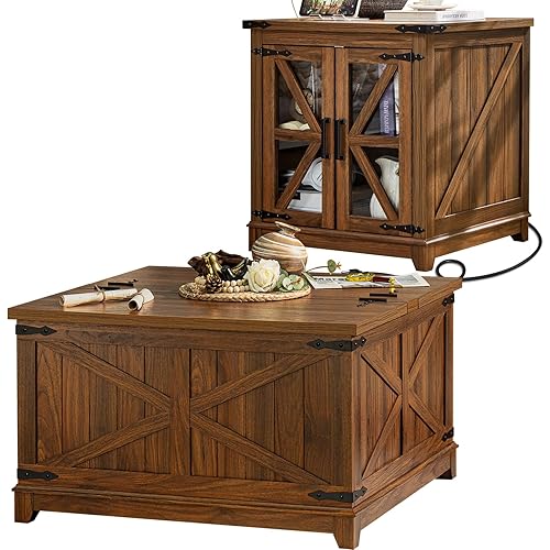 Farmhouse Coffee Table Sets 2 Pieces, Large End Side Tables with Charging Station and Coffee Table with Hidden Storage Compartment, Black Living Room Table Set, Wood Furniture Sets for Home Office