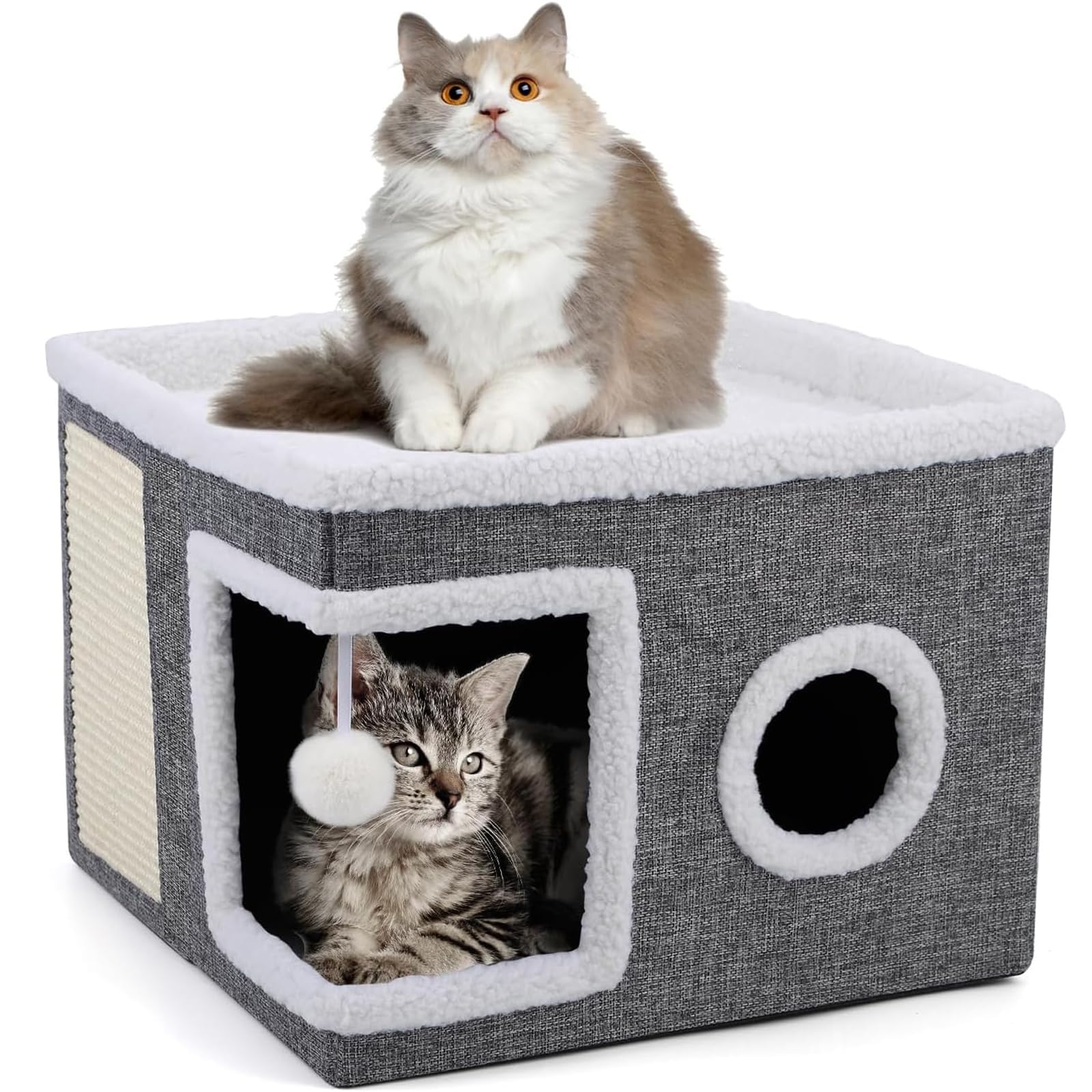 لينجي بيت قطط، سرير قطط للقطط في الاماكن المغلقة، منزل مكعب كبير قابل للطي للقطط مع وسادة خدش وكرة منفوشة معلقة (رمادي)