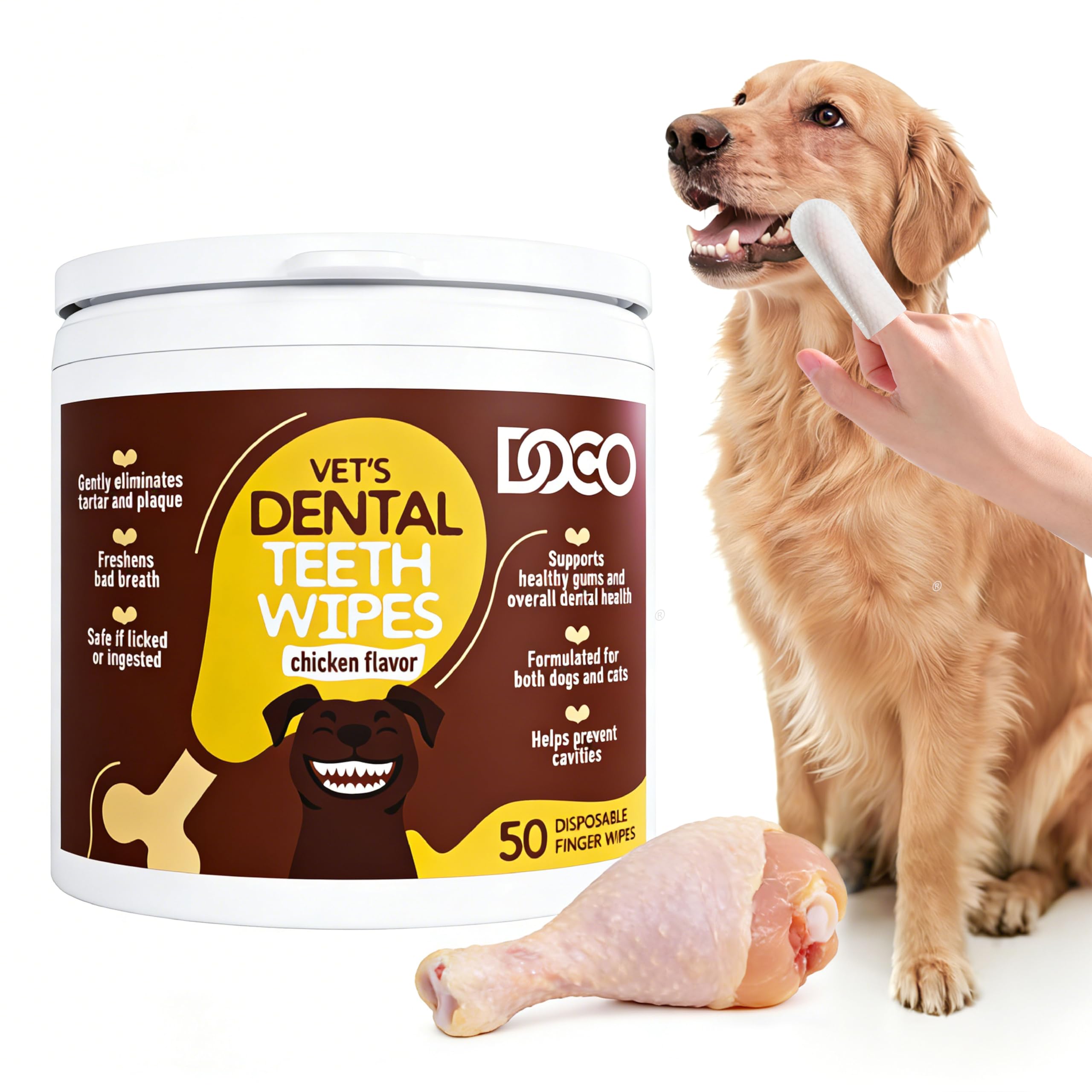 Dog Teeth Cleaning Wipes Chicken Flavor Dental Finger Wipes 50 Count for Dogs & Cats, Plaque & Tartar Remover, Fresh Breath, No Rinse, Easy & Effective Pet Tooth Cleaning Kit for Oral Care