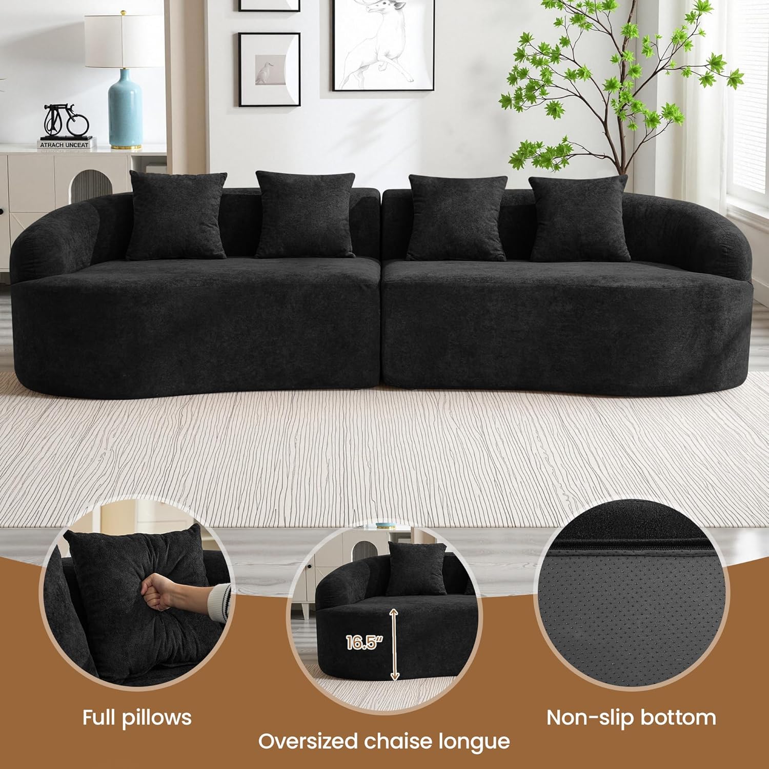 110" Boneless 4 Seater Sofa Couch, Modern Oversized Curved Cloud Sofa, Chenille 4-Seater Deep Seat Sectional Couches for Living Room, No Assembly, Black