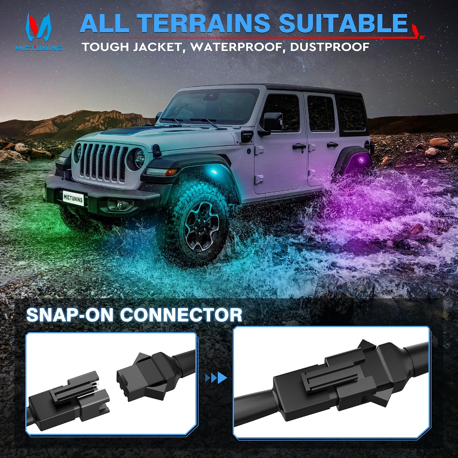 MICTUNING 2 Pack 10FT 3 Pin Rock Light Extension Wire Cable Cord - Only for Y1 RGB+IC LED Rock Lights Connection