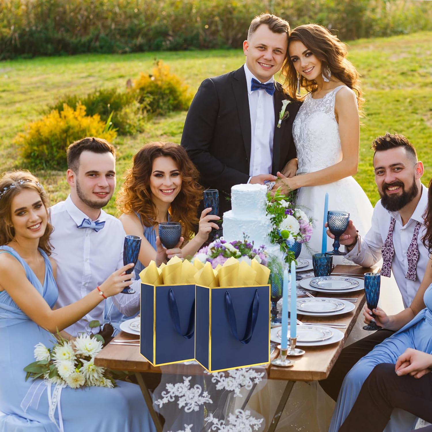 Addblu 28 Pack Bulk Luxury Gift Bags with Handles, Medium Size 9x7x3.15 Inches - Includes 28 Tissue Papers for Wedding, Birthday, Baby Shower, Thanksgiving, Christmas, & Party Favors (Navy Blue with Gold Foil Trim) - Image 7