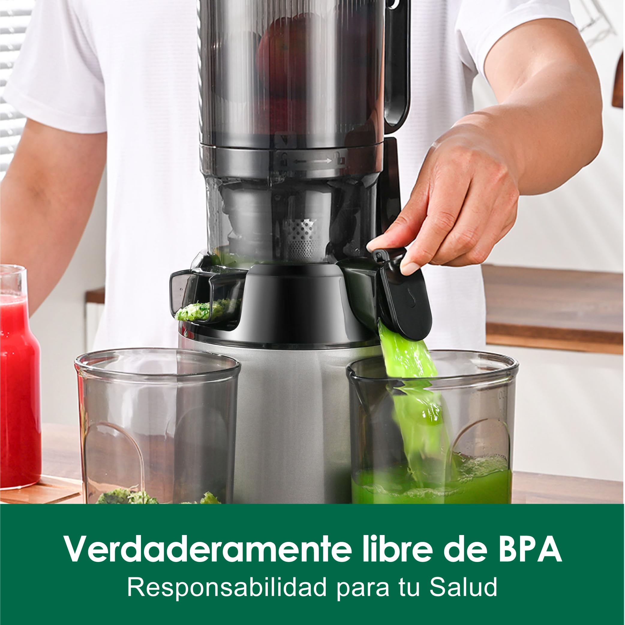Fretta Extractor de Zumos y Verduras,Apertura de 135 MM y Capacidad de 1,8 L,Licuadora Prensado en Frio para Frutas y Verduras Enteras,250 W Juicer Machine, Sin BPA, Incluye 2 Vasos(Gris, 1, 8L)