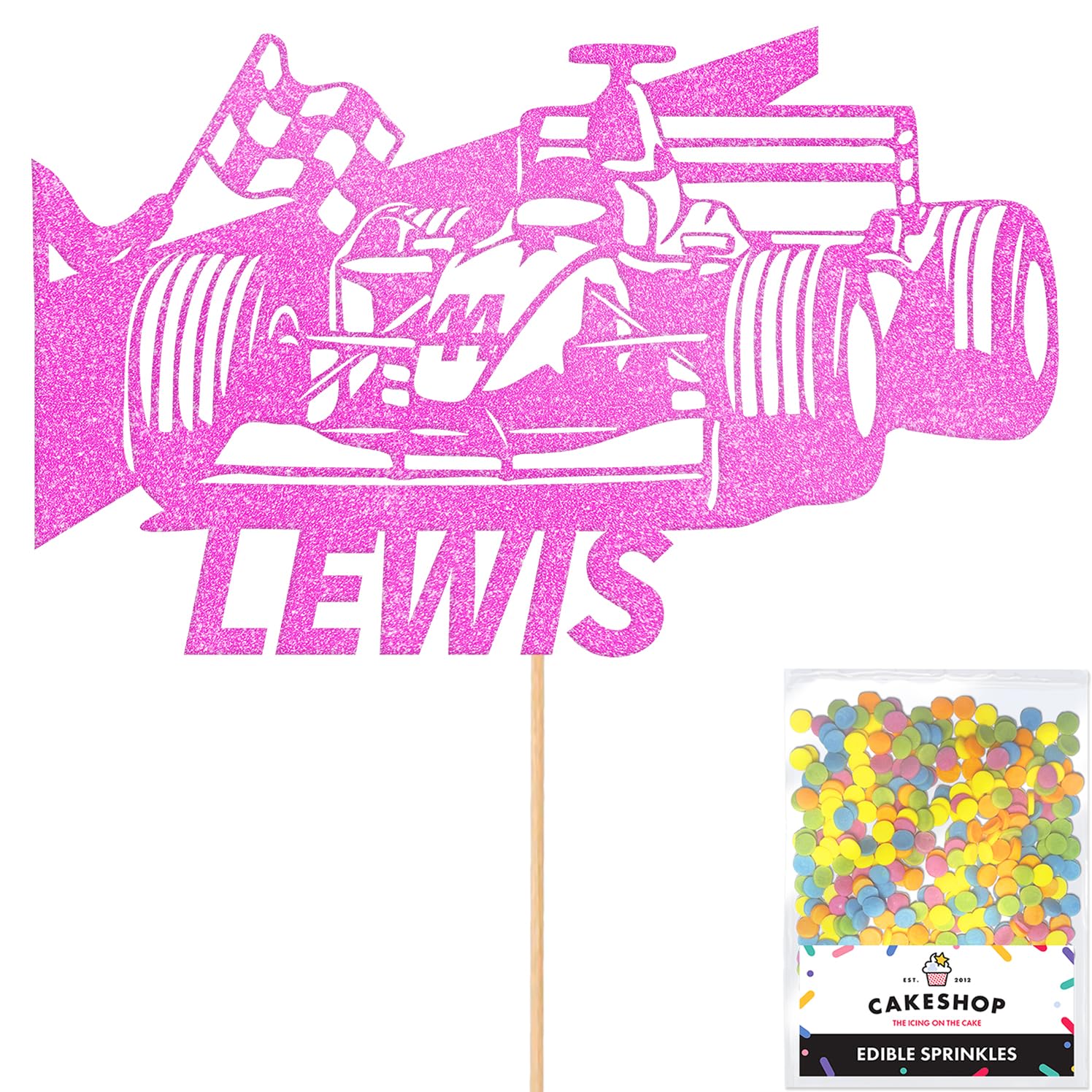 Personalised F1 Motor Racing Car Glitter Cake Topper - Light Pink Custom Age & Name Glitter Cake Decoration and Sprinkles - Happy Birthday Decorations - Personalised Toppers for Cakes by Cakeshop