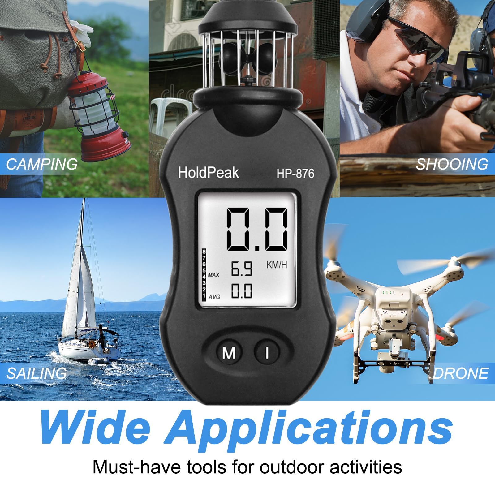Compteur de Vitesse du Vent HP-876 Anémomètre Portable de style Tasse avec écran LCD, Mesure du Courant/Max/Moyenne de Vitesse de l'air pour le tir, la Pêche, le Surf, le Camping