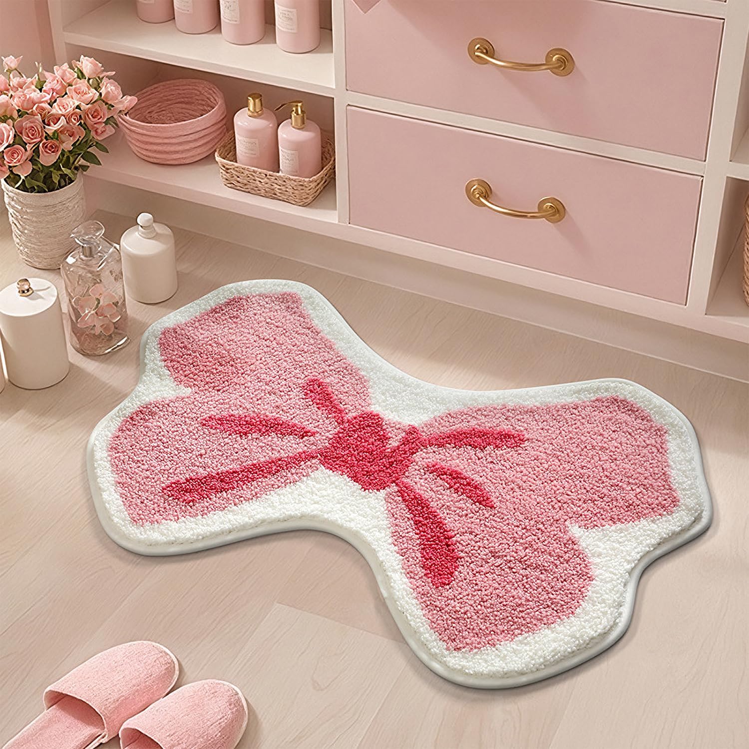 Absorbent Pink Bow Bath Rug, Extra Thick Bathroom Mat, Non-Slip Mat for Girls Bedroom, Machine Washable, Pink Cherry Butterfly, 20" X 31"