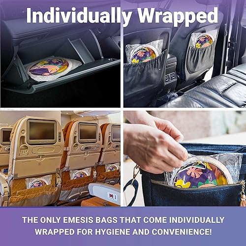 Miniatura 6 de WECARE Bolsas desechables para niños para náuseas y mareos por movimiento, envueltas individualmente, paquete de 20 unidades, estampado de