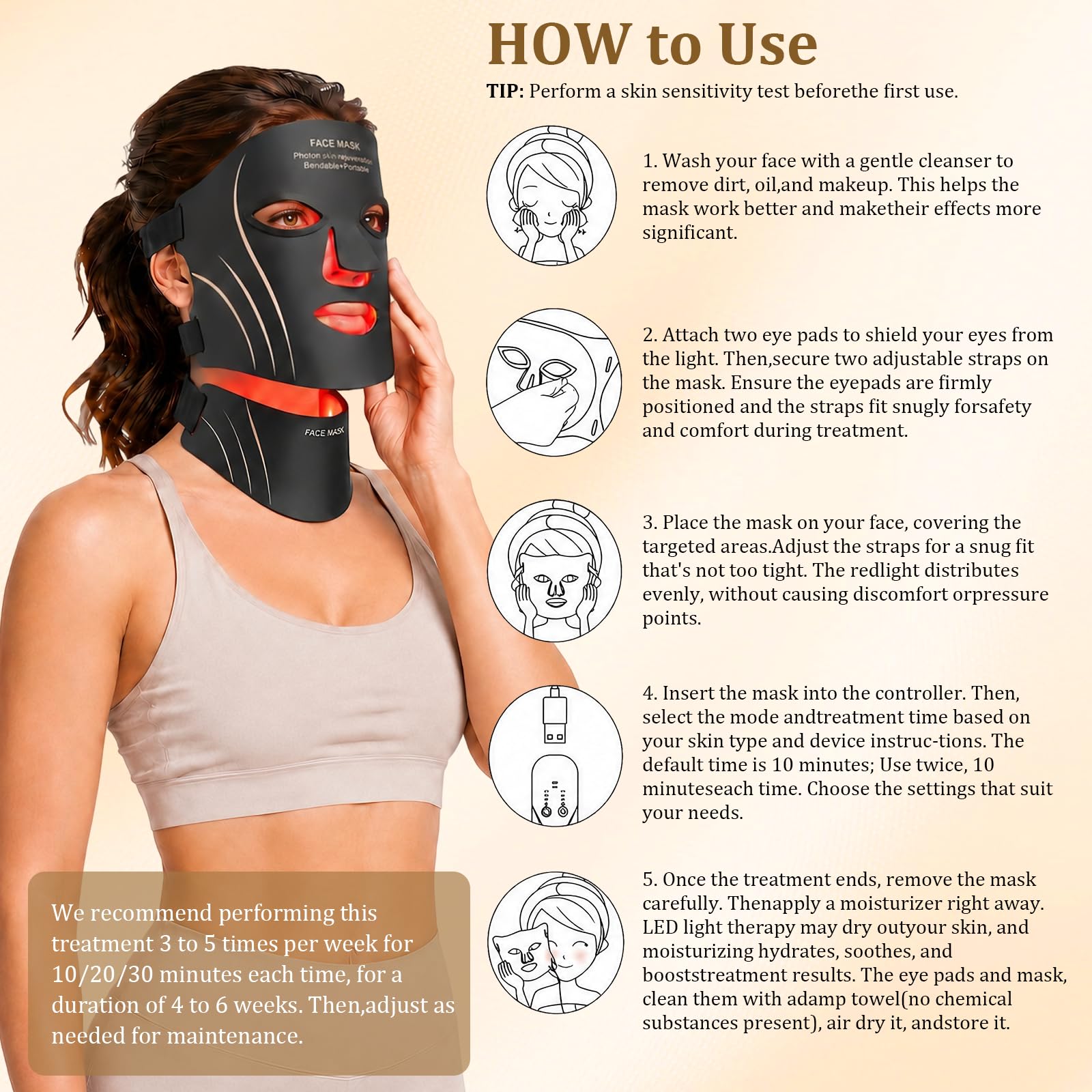 Masque de thérapie par lumière rouge pour soins de la peau du visage et du cou, masque facial infrarouge 7 couleurs avec 309 puces LED, 5 luminosités, contrôleur rechargeable pour anti-âge