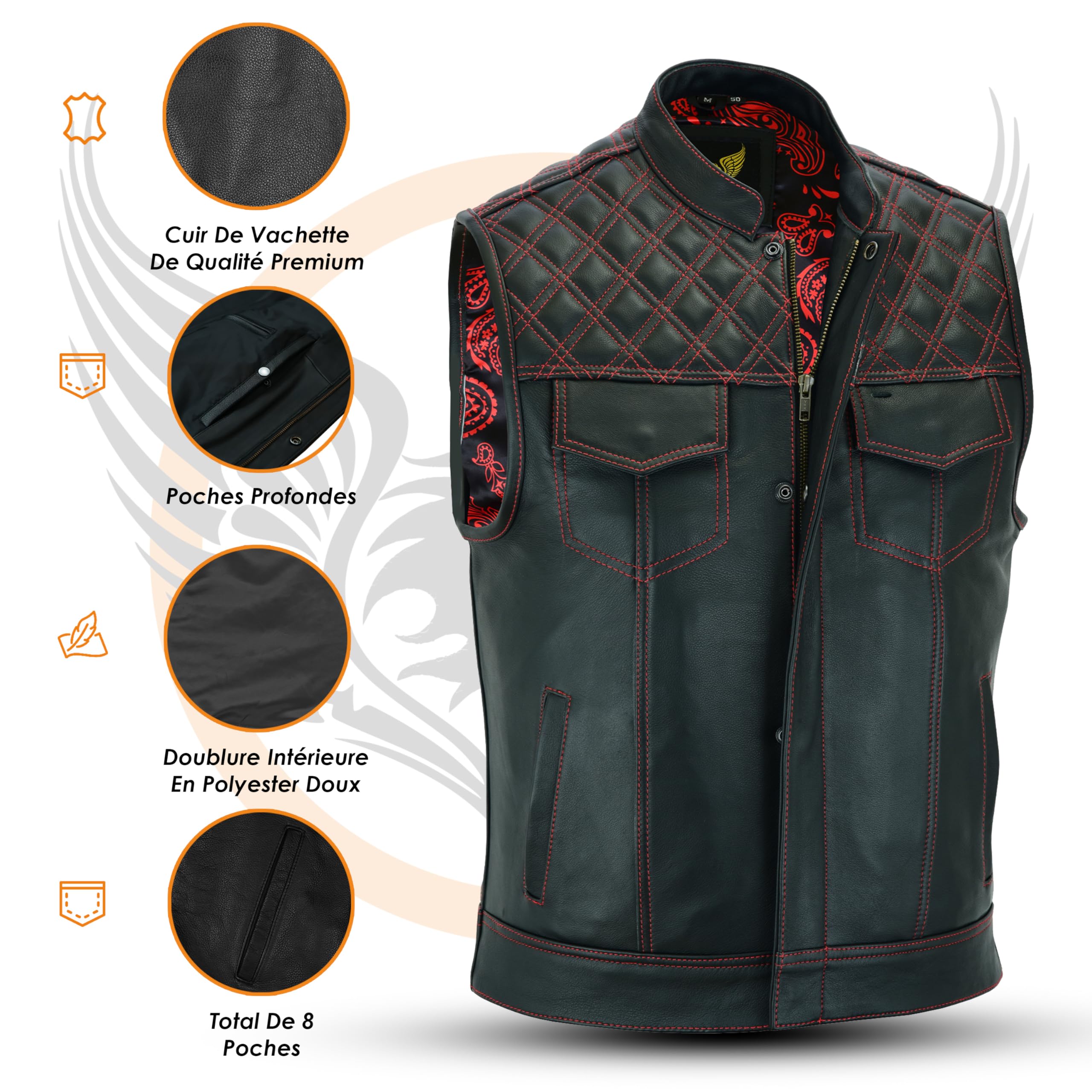 Leatherick Groove Club Hommes Gilet Cuir Biker - Doublure Traditionnelle En Satin Paisley Avec Surpiqûres Noires, SOA Pre Paisley R&B 301