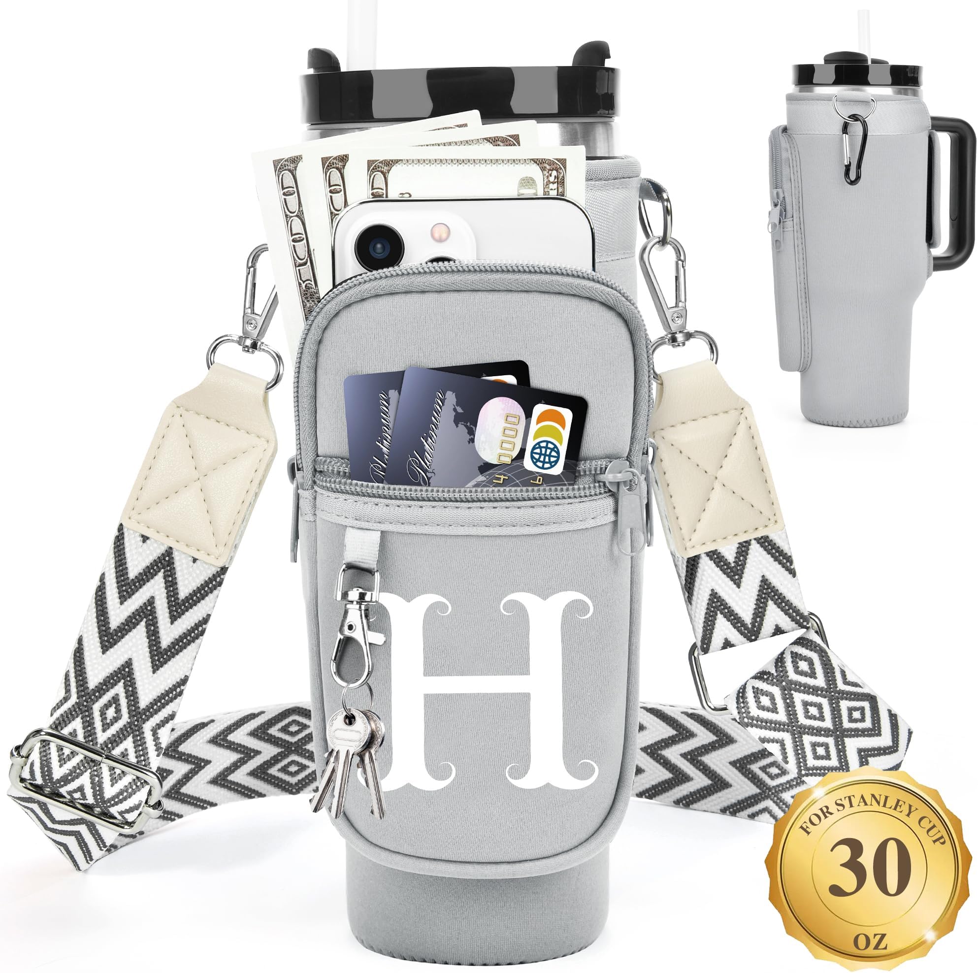 LOKASS Water Bottle Holder with Strap for Stanley Cup 30 oz Tumbler, Personalized Initial Stanley Cup Accessories 30oz, Stanley Cup Carrier Bag for Women, Men, Girls, for Mom