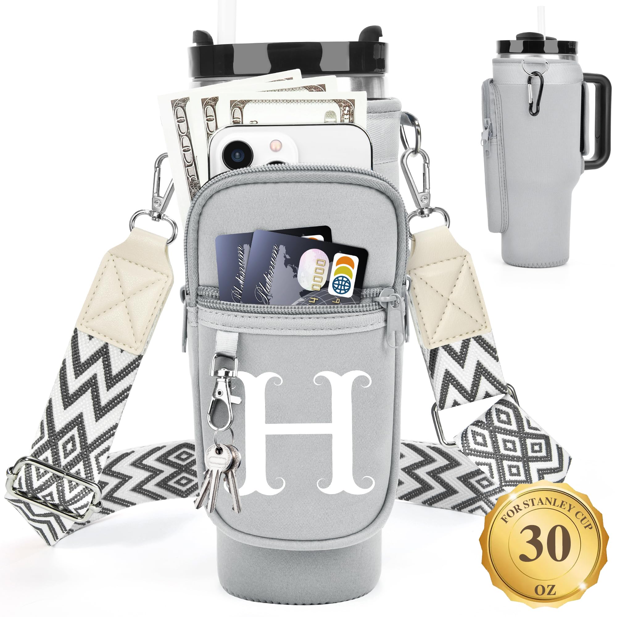 LOKASS Water Bottle Holder with Strap for Stanley Cup 30 oz Tumbler with Handle, Personalized Initial Stanley Cup Accessories, Christmas Gifts Water Bottle Carrier Bag for Women Men girls
