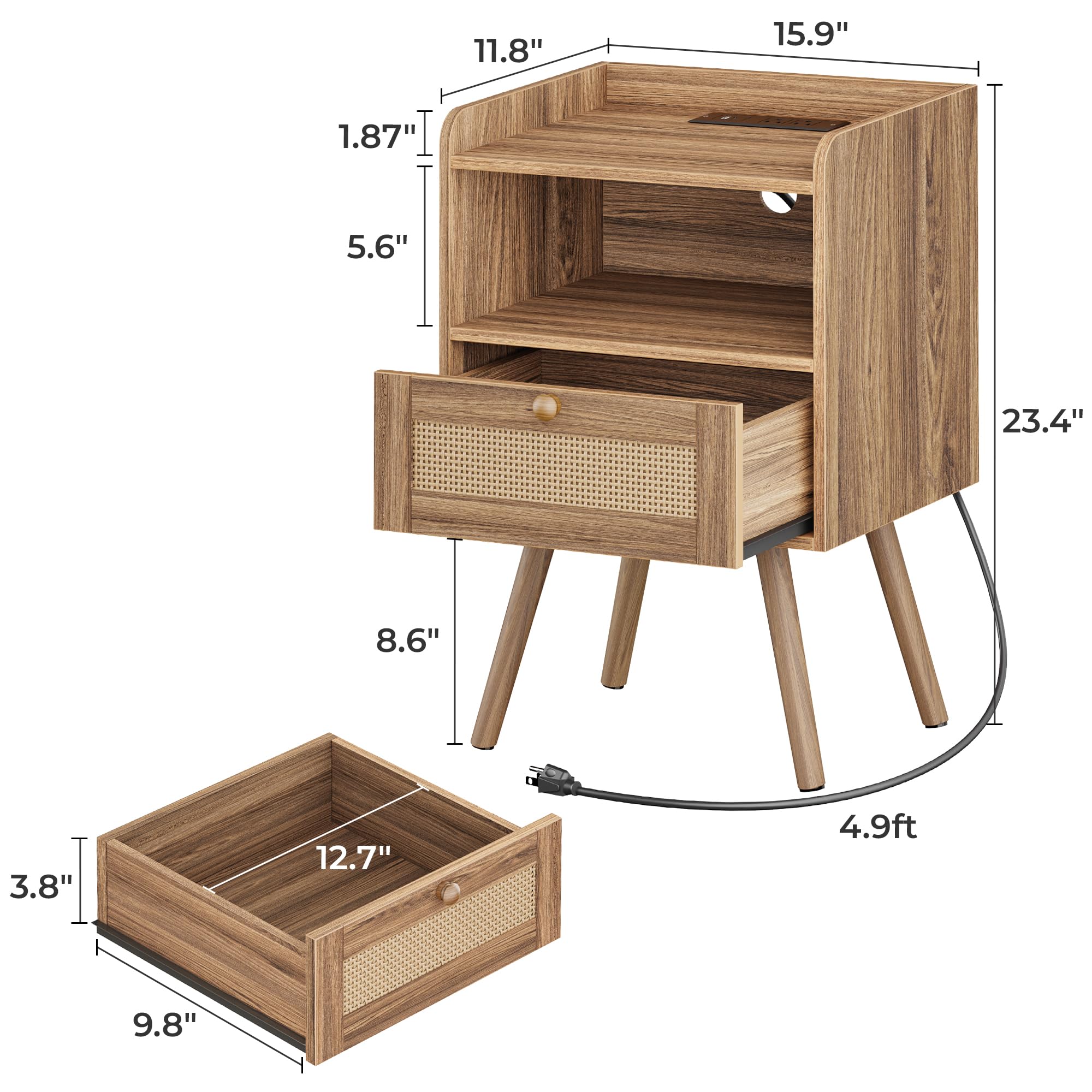 SUPERJARE Comodino con stazione di ricarica e cassetto decorativo simile a rattan, tavolino in rattan con piedi in legno massello, tavolino da letto con contenitore aperto, per camera da letto